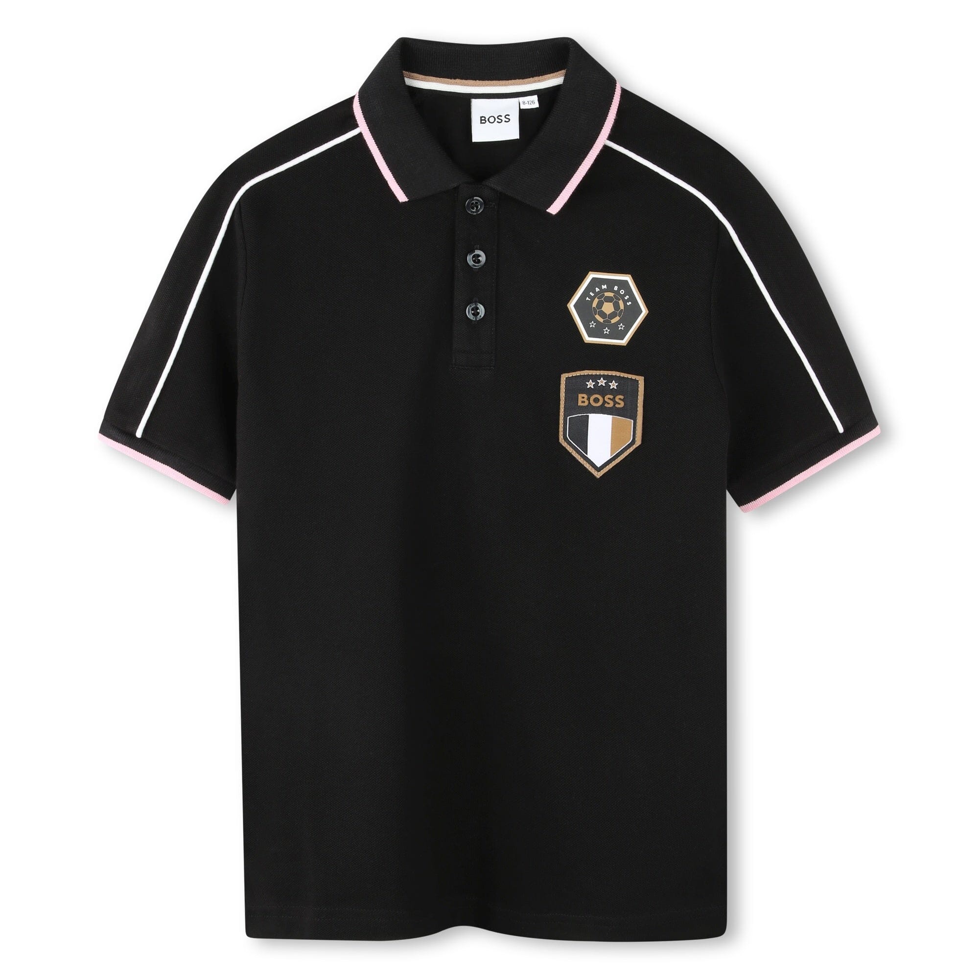 BOSS Poloshirt für Jungen – Schwarz mit Fußball-Badges & Kontrastdetails Poloshirt Boss