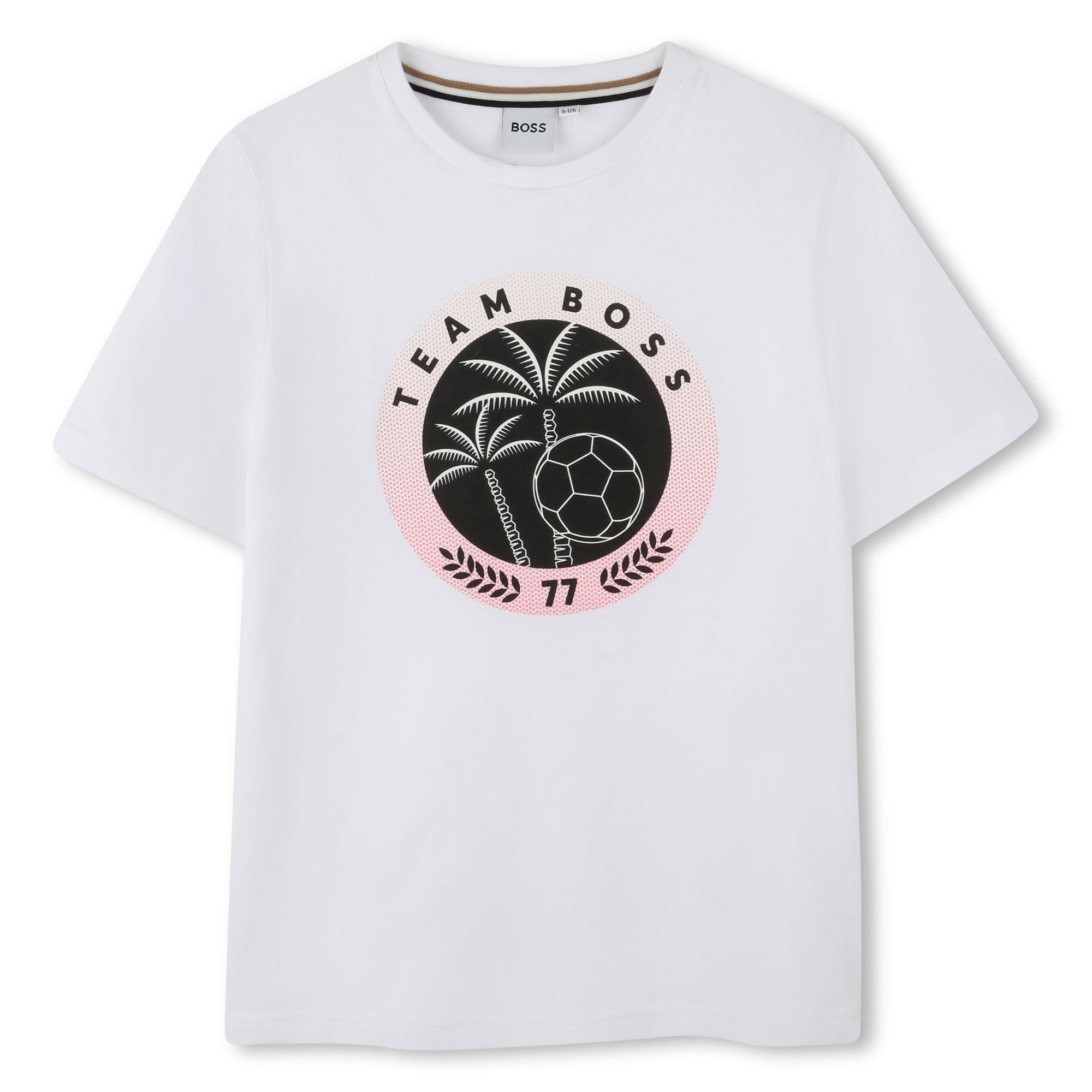 BOSS Fußball T-Shirt für Jungen – Weiß mit Palmen & Ball Print „TEAM BOSS“ T-Shirt Boss