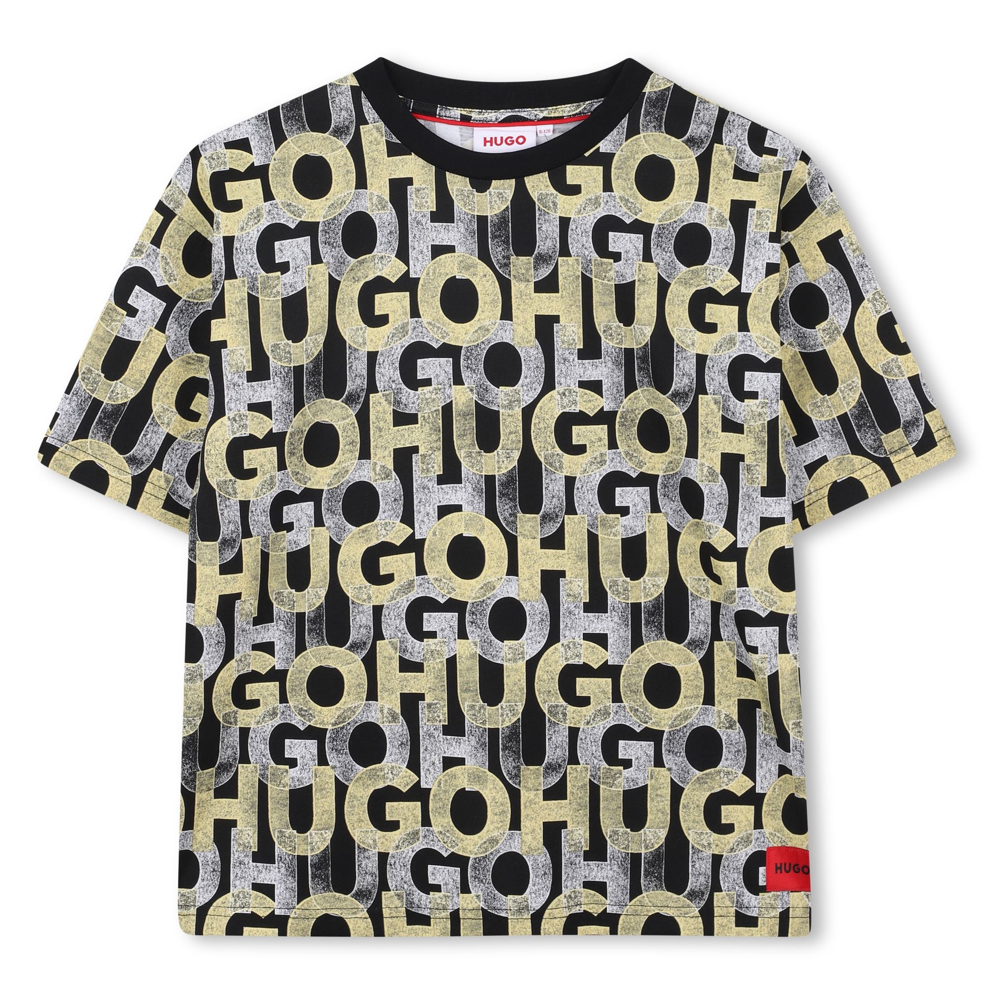 HUGO Kinder T-Shirt schwarz Allover Logo Print in weiß-gelb T-Shirt HUGO