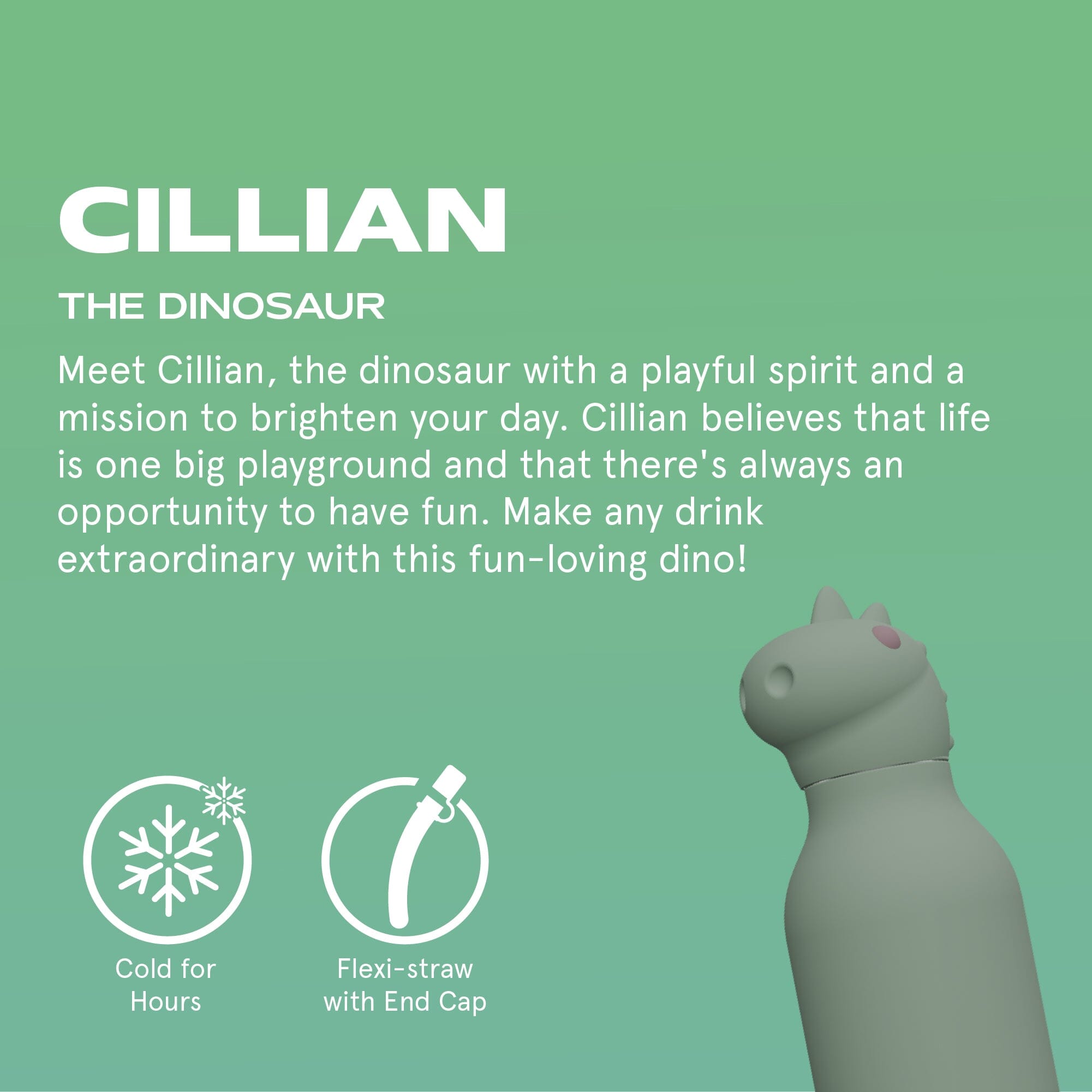 asobu Bestie Bottle Dino -Cillian– isolierte Kindertrinkflasche 460 ml Trinkflaschen asobu