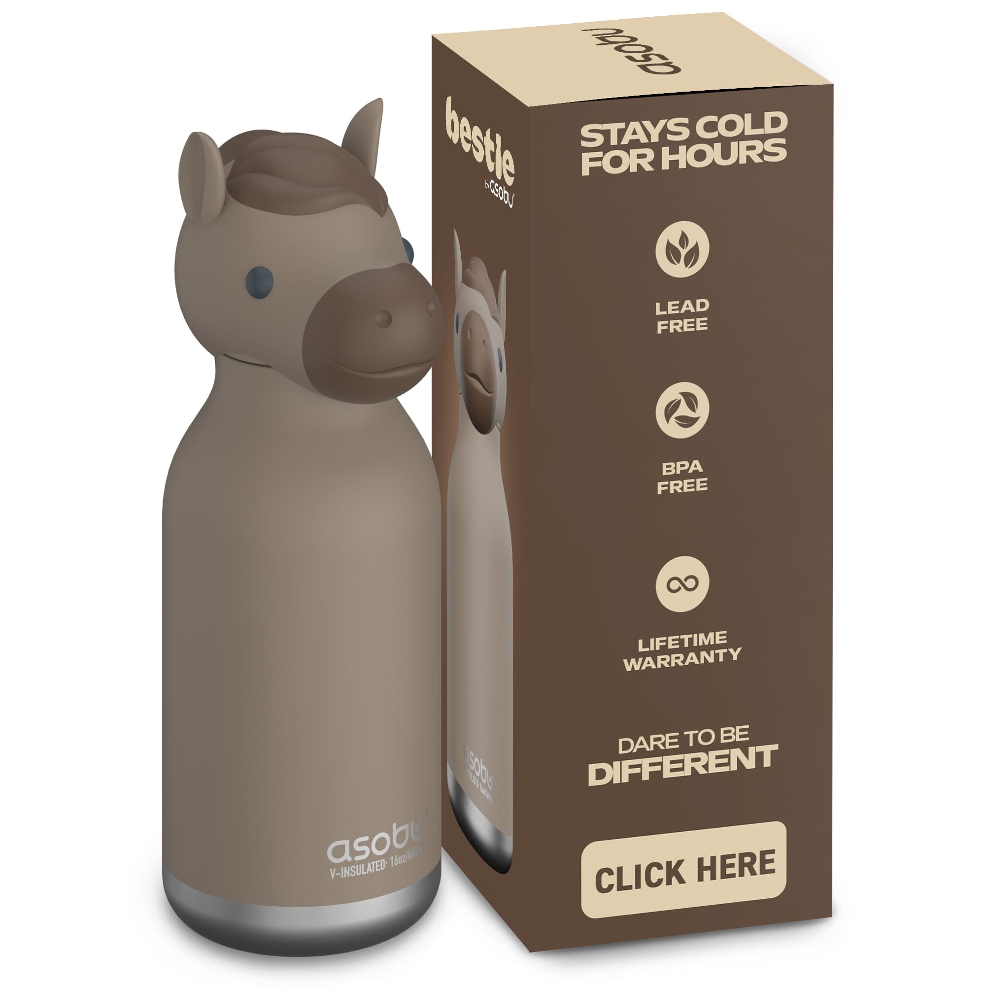 asobu Bestie Bottle Pferd - Hazel - Horse – isolierte Kindertrinkflasche 460 ml Trinkflaschen asobu