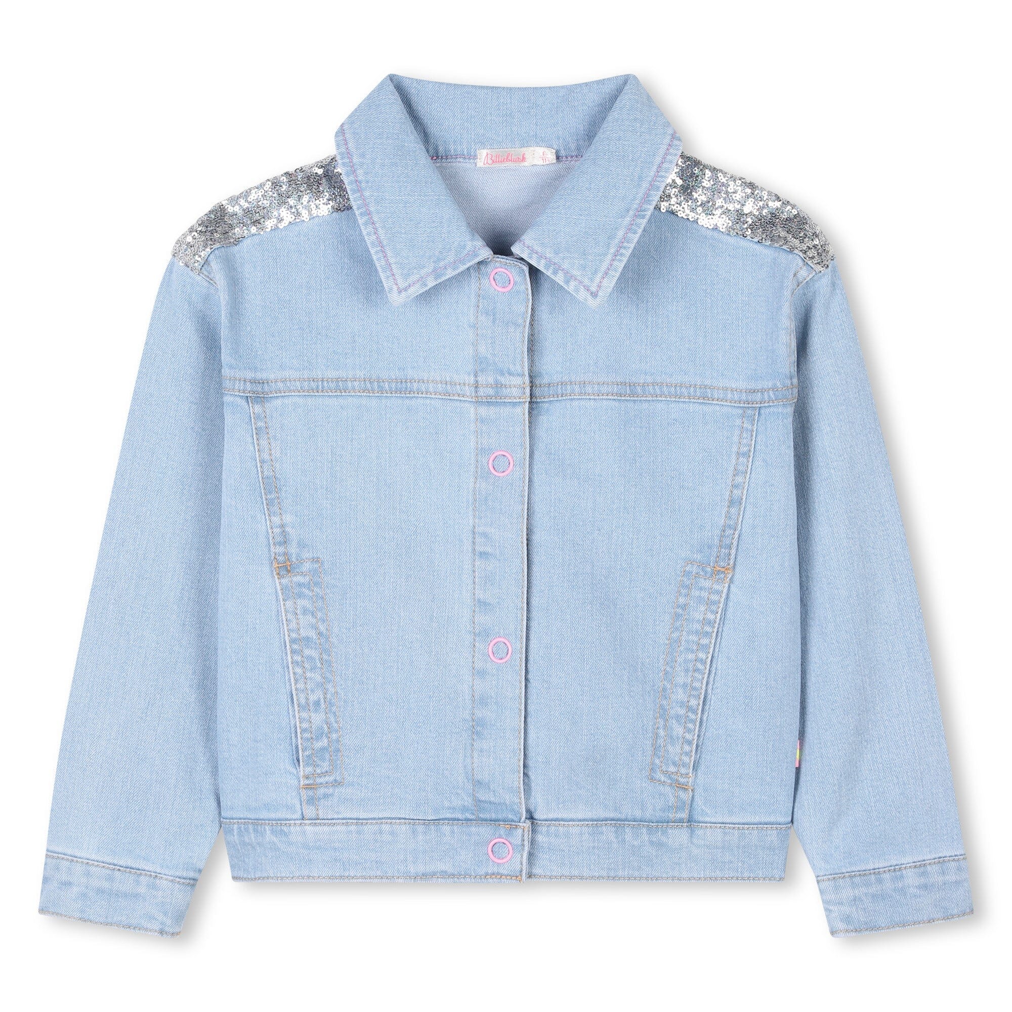 Billieblush Jeansjacke blau mit pinken Knöpfen und buntem Paillettenmotiv auf Rückseite Jacke Billieblush