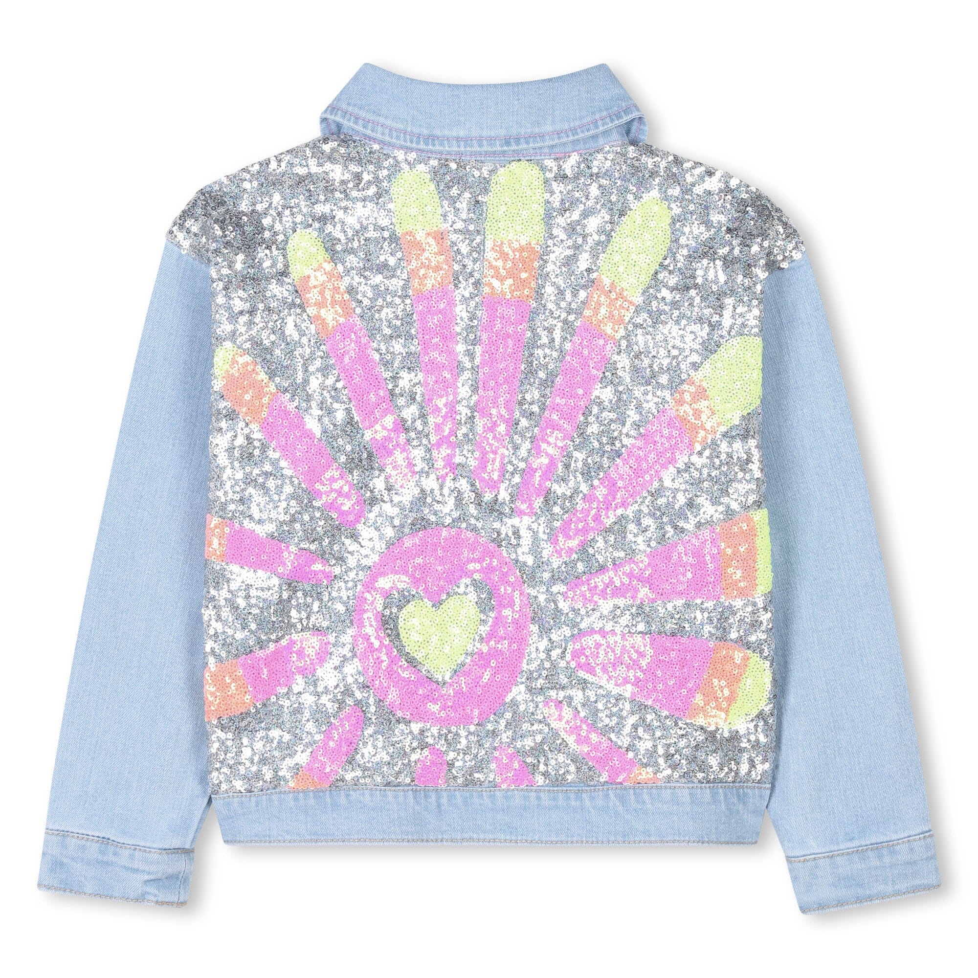 Billieblush Jeansjacke blau mit pinken Knöpfen und buntem Paillettenmotiv auf Rückseite Jacke Billieblush