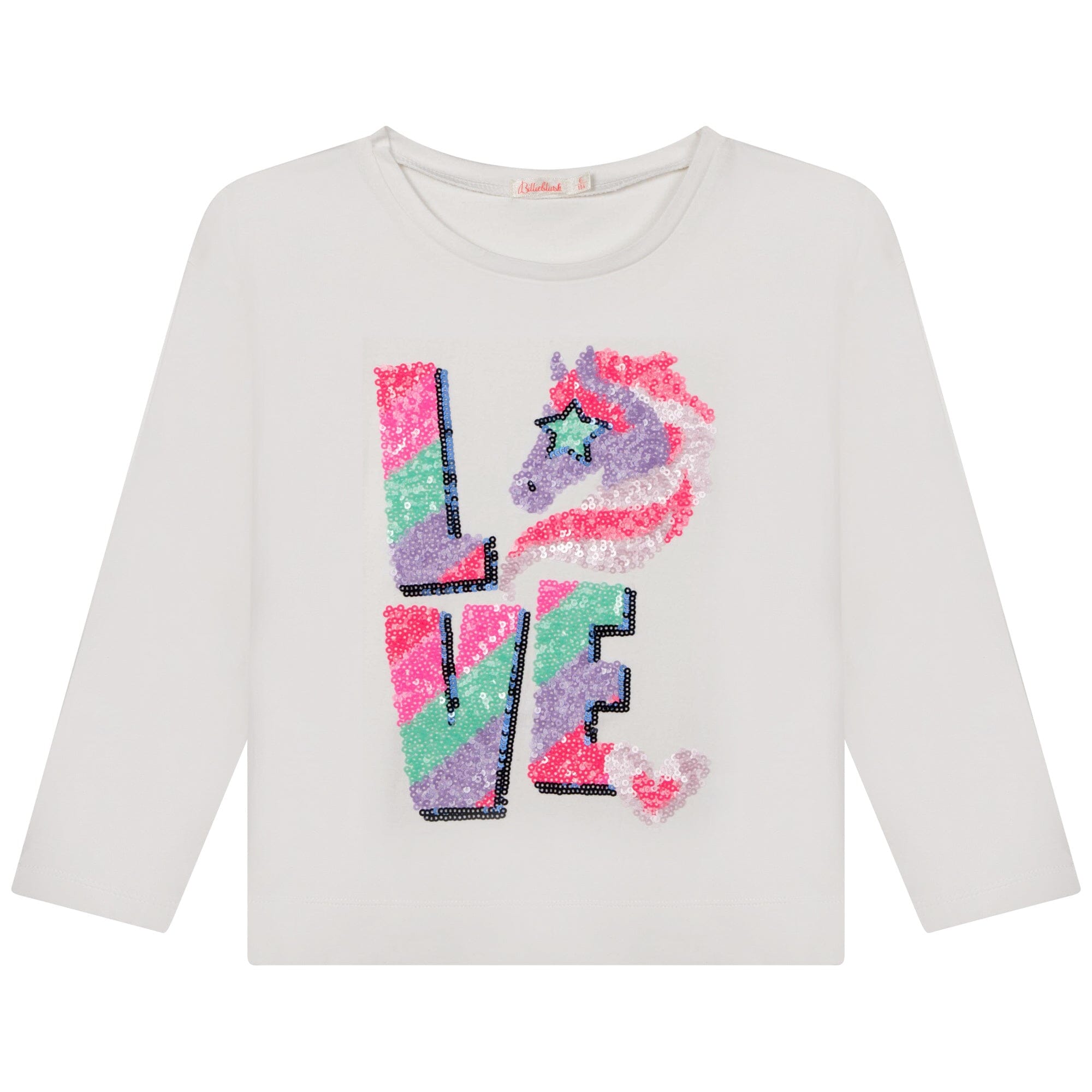 Billieblush Longsleeve weiß LOVE Aufdruck mit Pailletten bunt Langarmshirt Billieblush