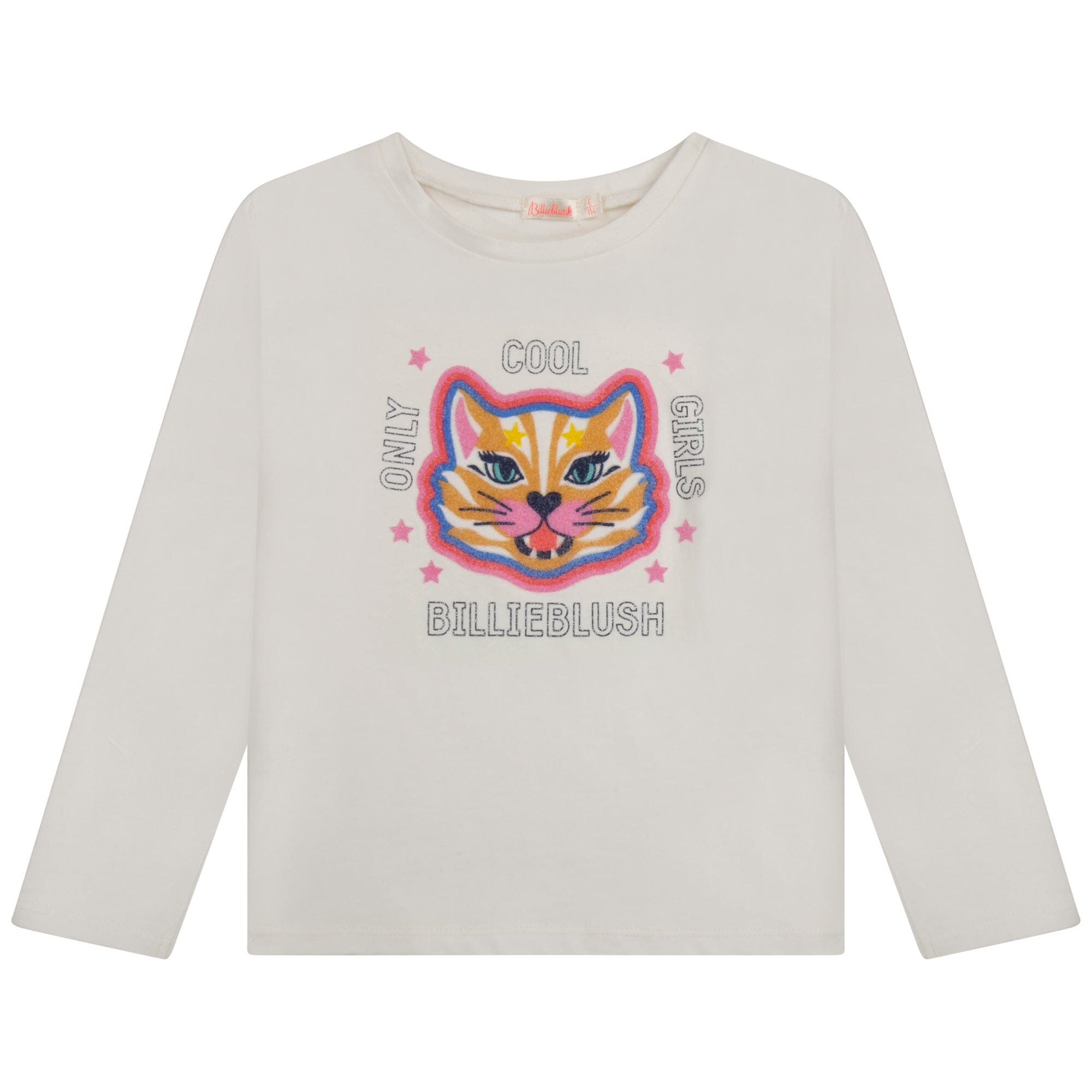 Billieblush Longsleeve weiß mit bunter, glitzernder Katze und Spruch Langarmshirt Billieblush