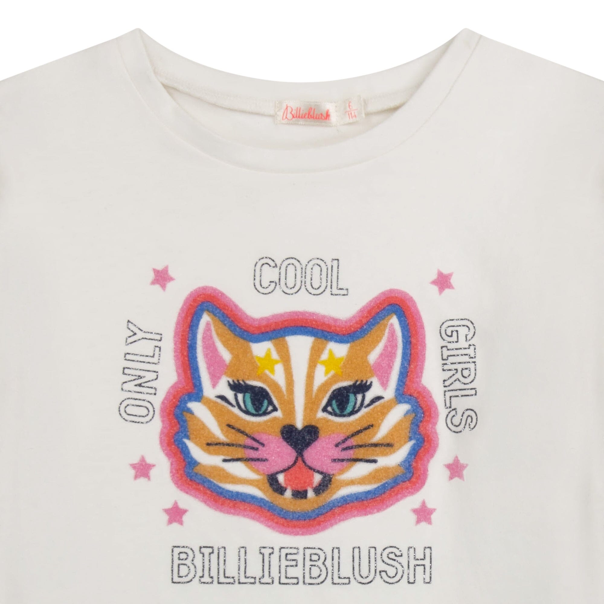 Billieblush Longsleeve weiß mit bunter, glitzernder Katze und Spruch Langarmshirt Billieblush
