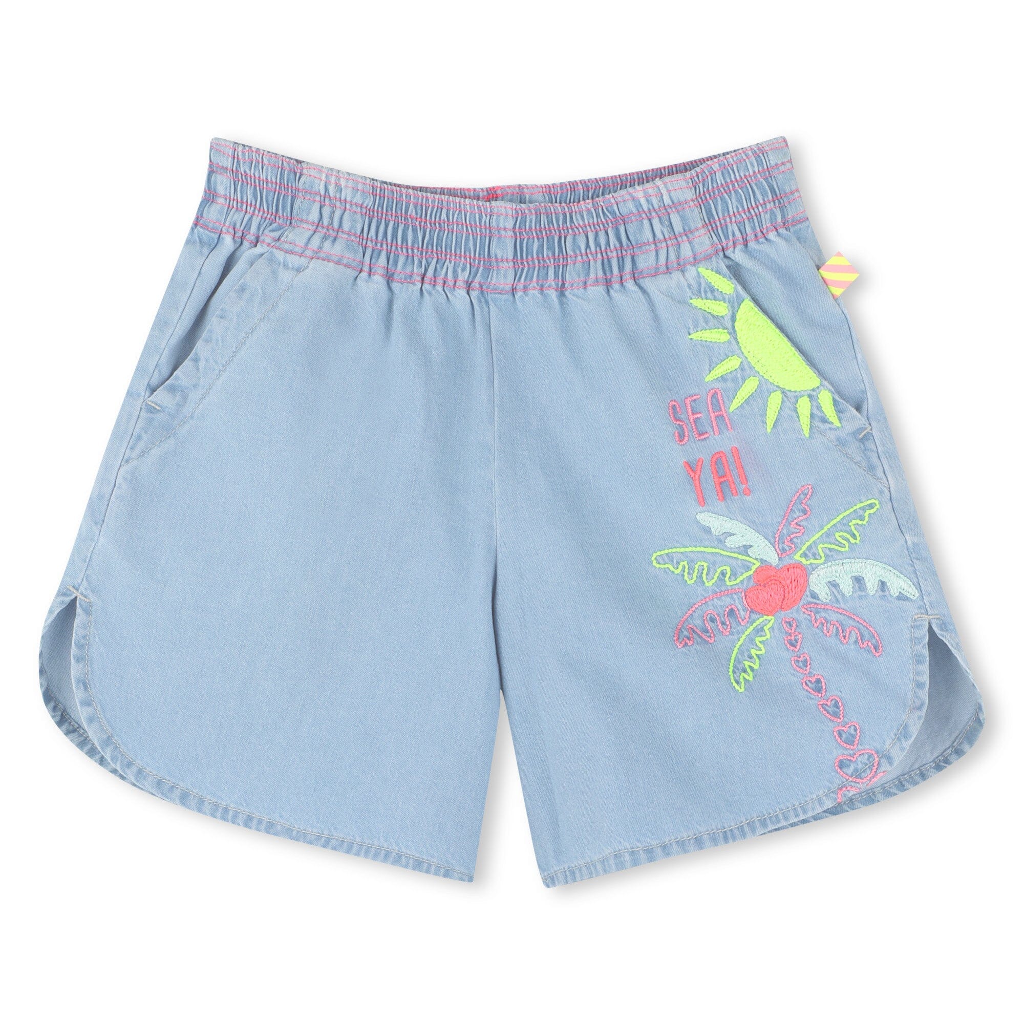 Billieblush sommerlich leichte Jeans Shorts hellblau mit Stickerei aus Palmen- und Sonnemotiv mit Neonfarben Shorts Billieblush