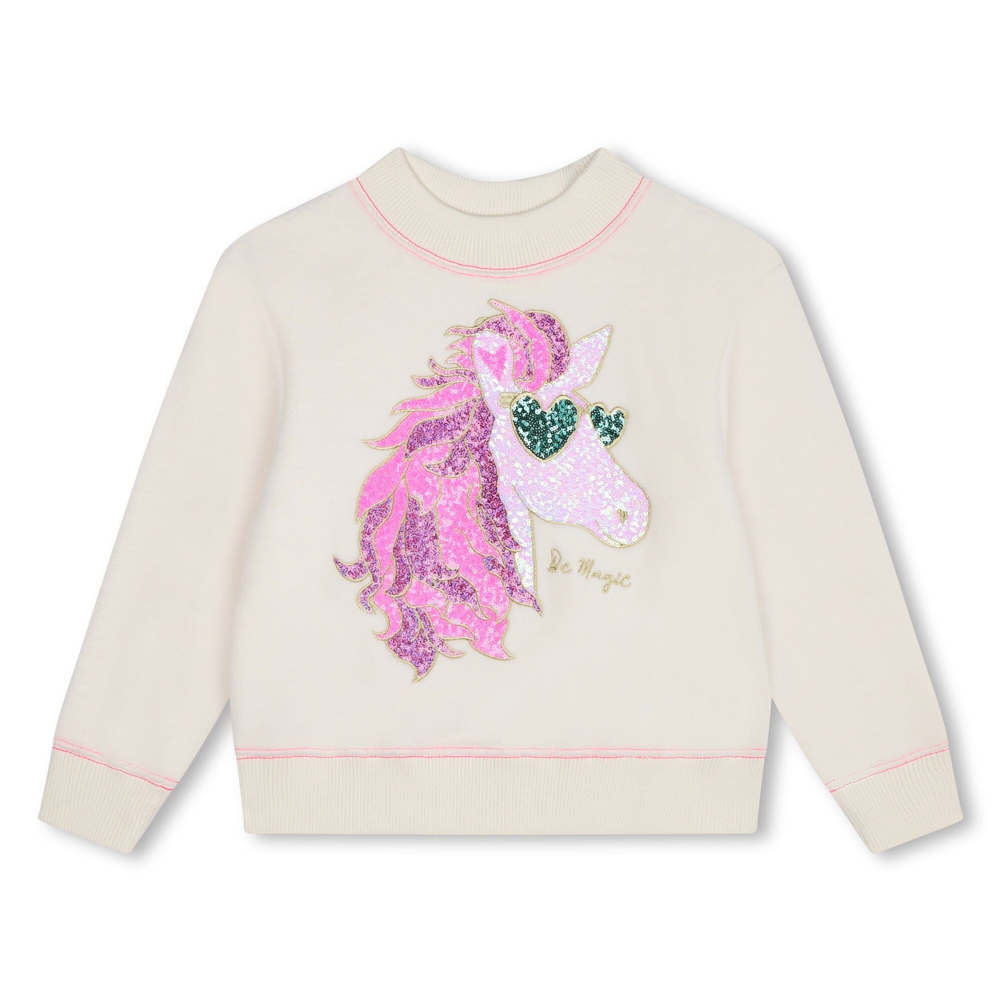 Billieblush Sweatshirt beige Einhornmotiv aus pinken Pailletten mit Sonnenbrille Sweatshirt Billieblush