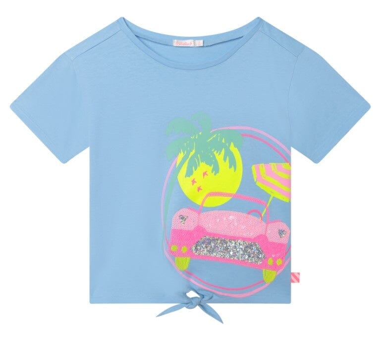 Billieblush Shirt hellblau Strandmotiv Palme Auto Sonnenschirm Pailletten Schleife bunt T-Shirt Billieblush