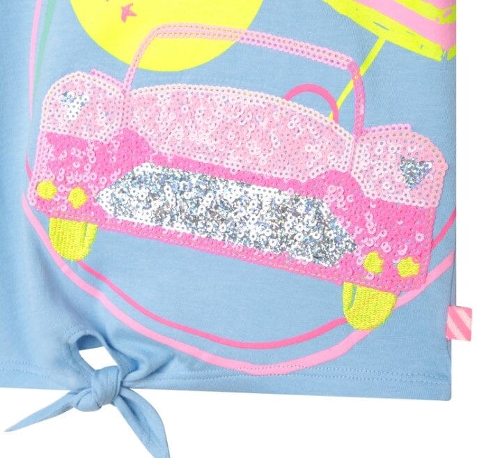 Billieblush Shirt hellblau Strandmotiv Palme Auto Sonnenschirm Pailletten Schleife bunt T-Shirt Billieblush