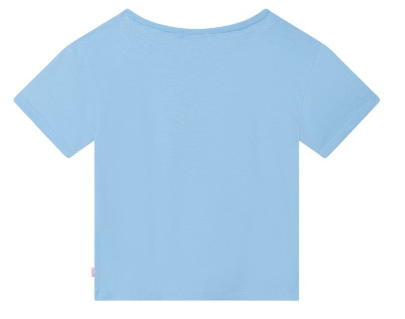 Billieblush Shirt hellblau Strandmotiv Palme Auto Sonnenschirm Pailletten Schleife bunt T-Shirt Billieblush