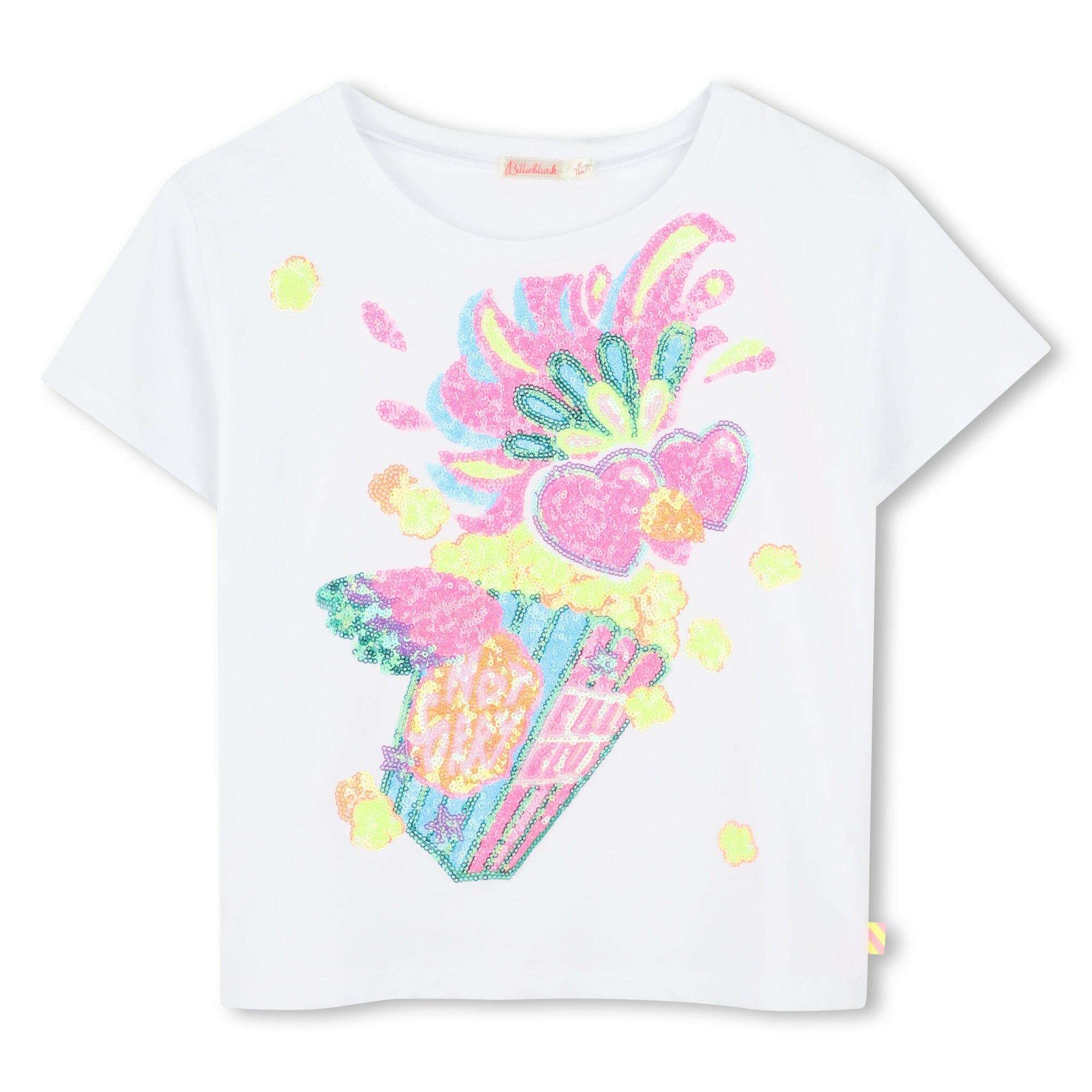 Billieblush T-Shirt weiß mit buntem Popcorn - Paillettenmotiv und Herzen T-Shirt Billieblush