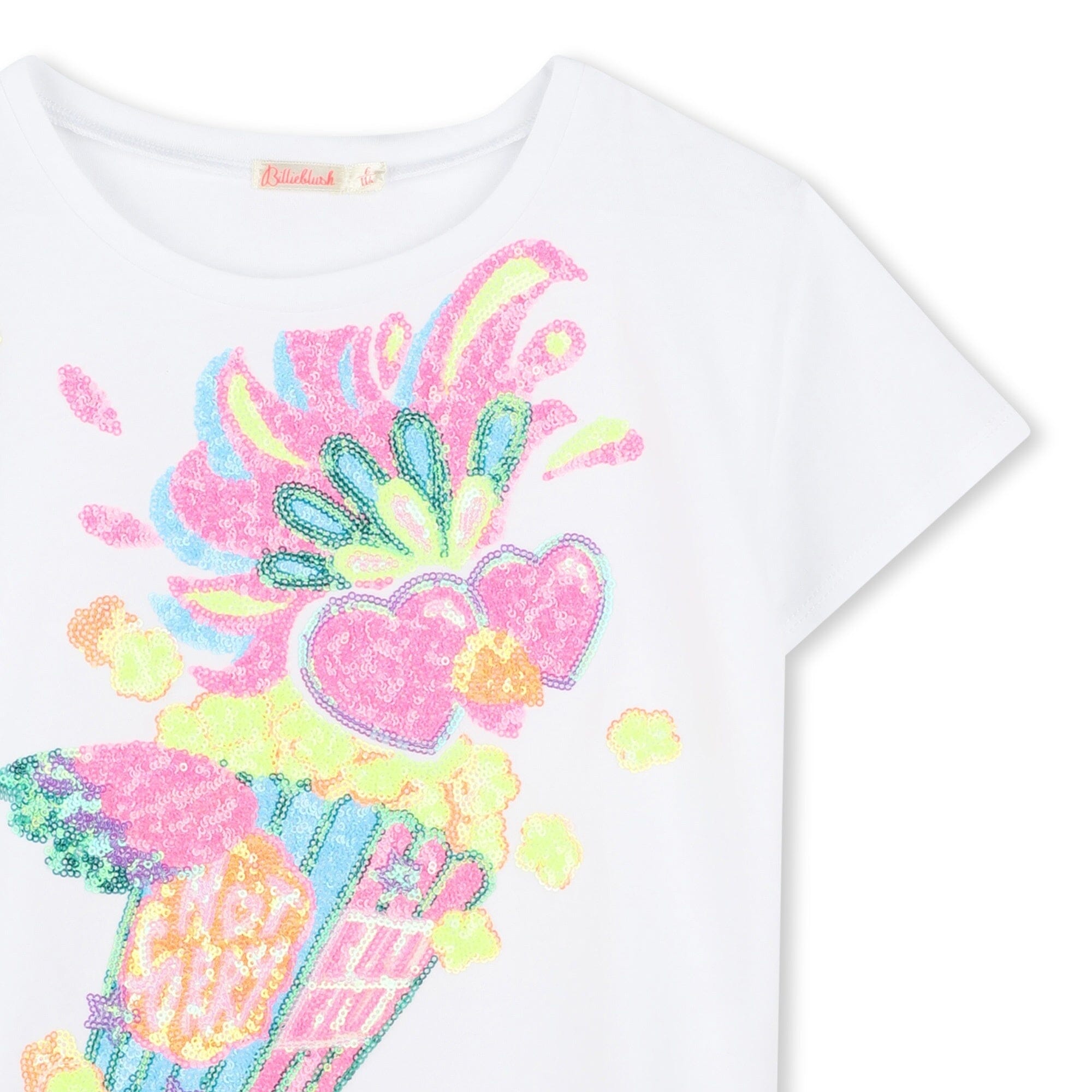 Billieblush T-Shirt weiß mit buntem Popcorn - Paillettenmotiv und Herzen T-Shirt Billieblush