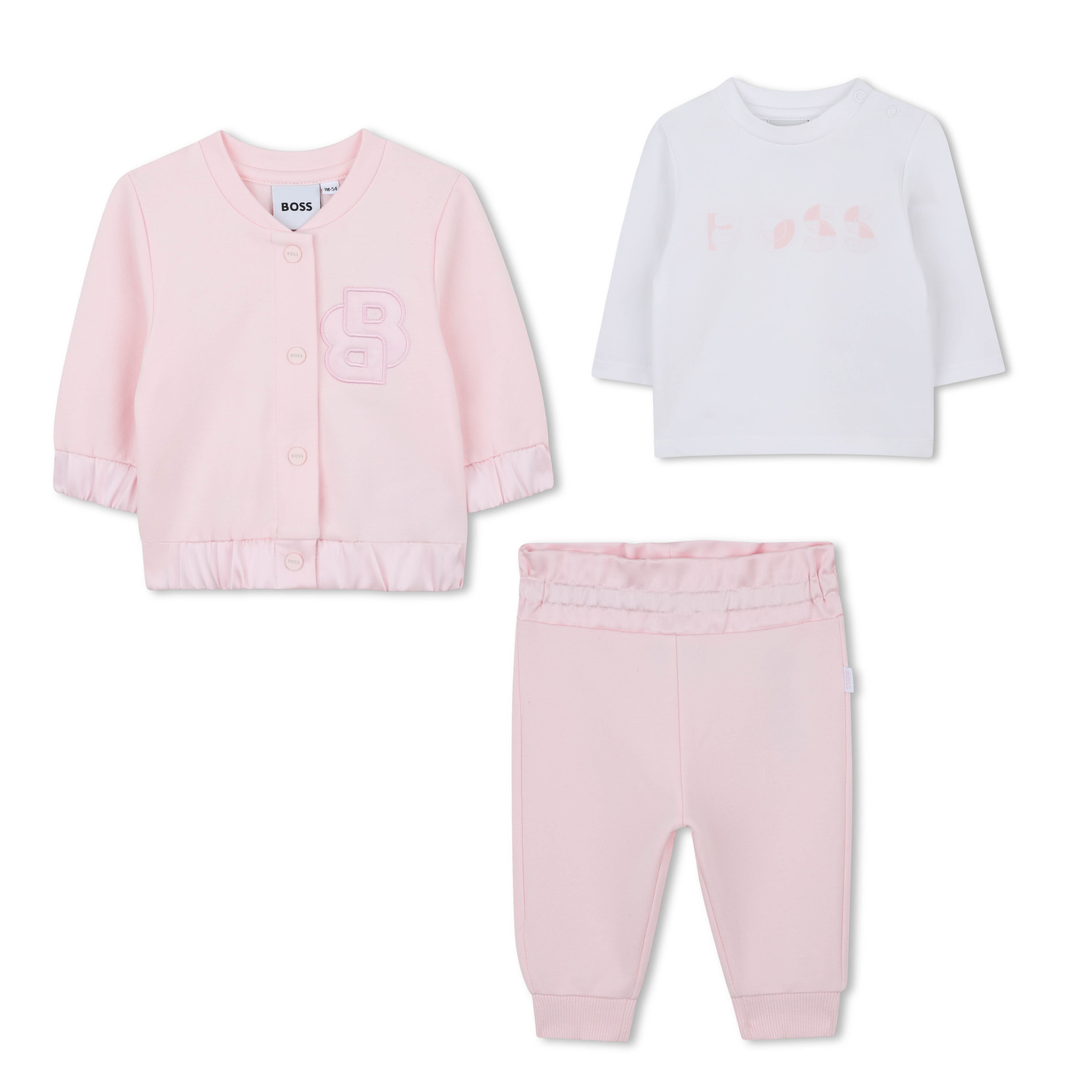 BOSS Baby Set rosa weiss Hose Strickjacke & T-Shirt mit Satin-Details Baby Kombination Boss Kidswear 6 Monate (62-68)