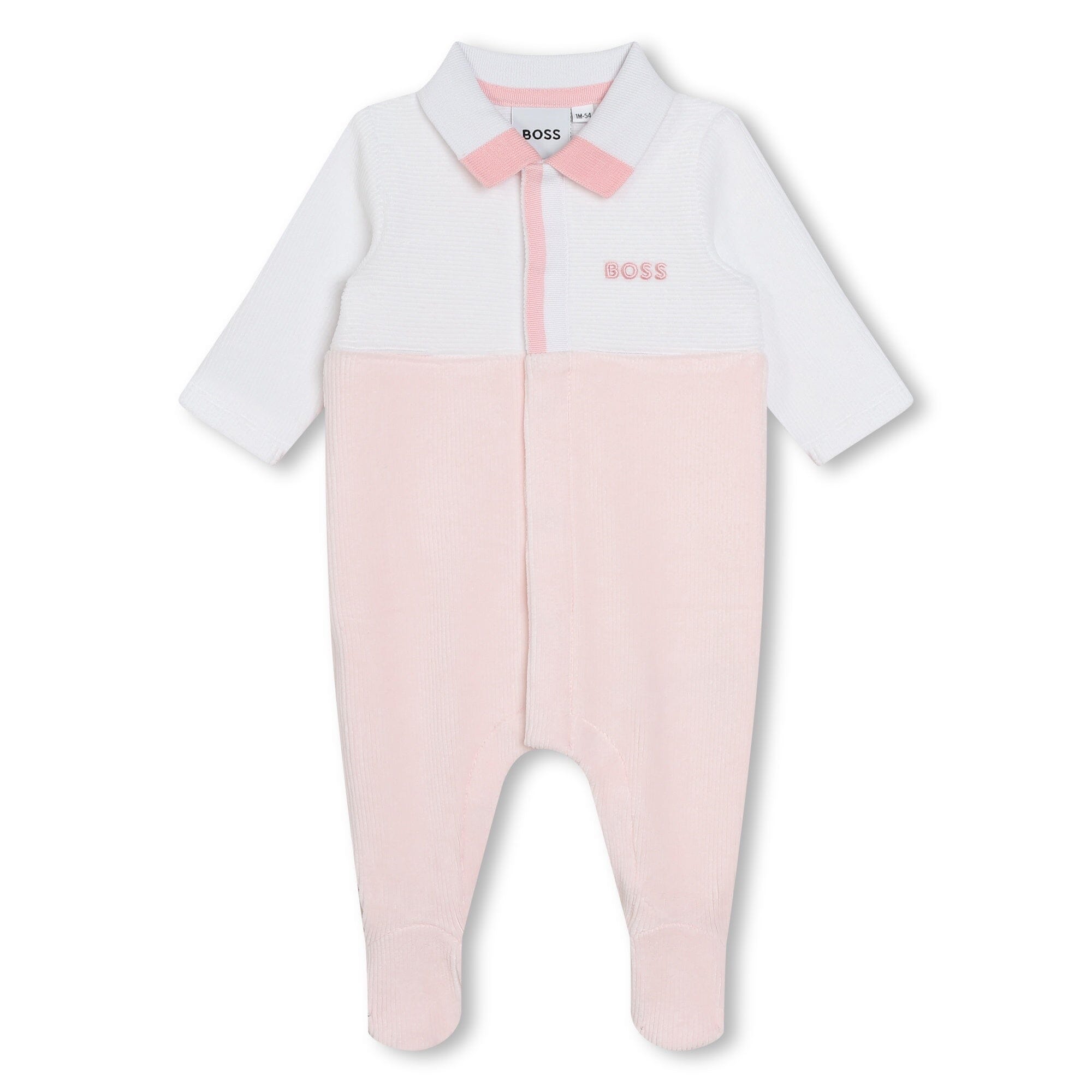 BOSS Baby Samt-Pyjama zweifarbig weiß-rosa mit Polo-Kragen Schlafanzug Boss