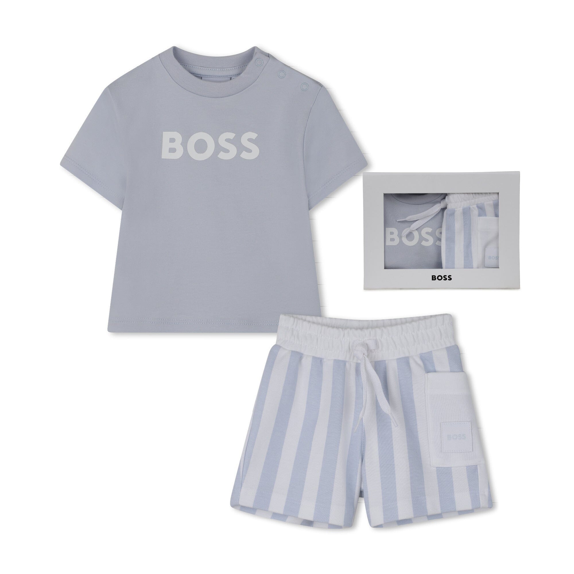BOSS Baby T-Shirt + Shorts Set „Himmelblau“ – Logo-Shirt & Streifenshorts Baby Kombination Boss Kidswear 6 Monate (62-68)