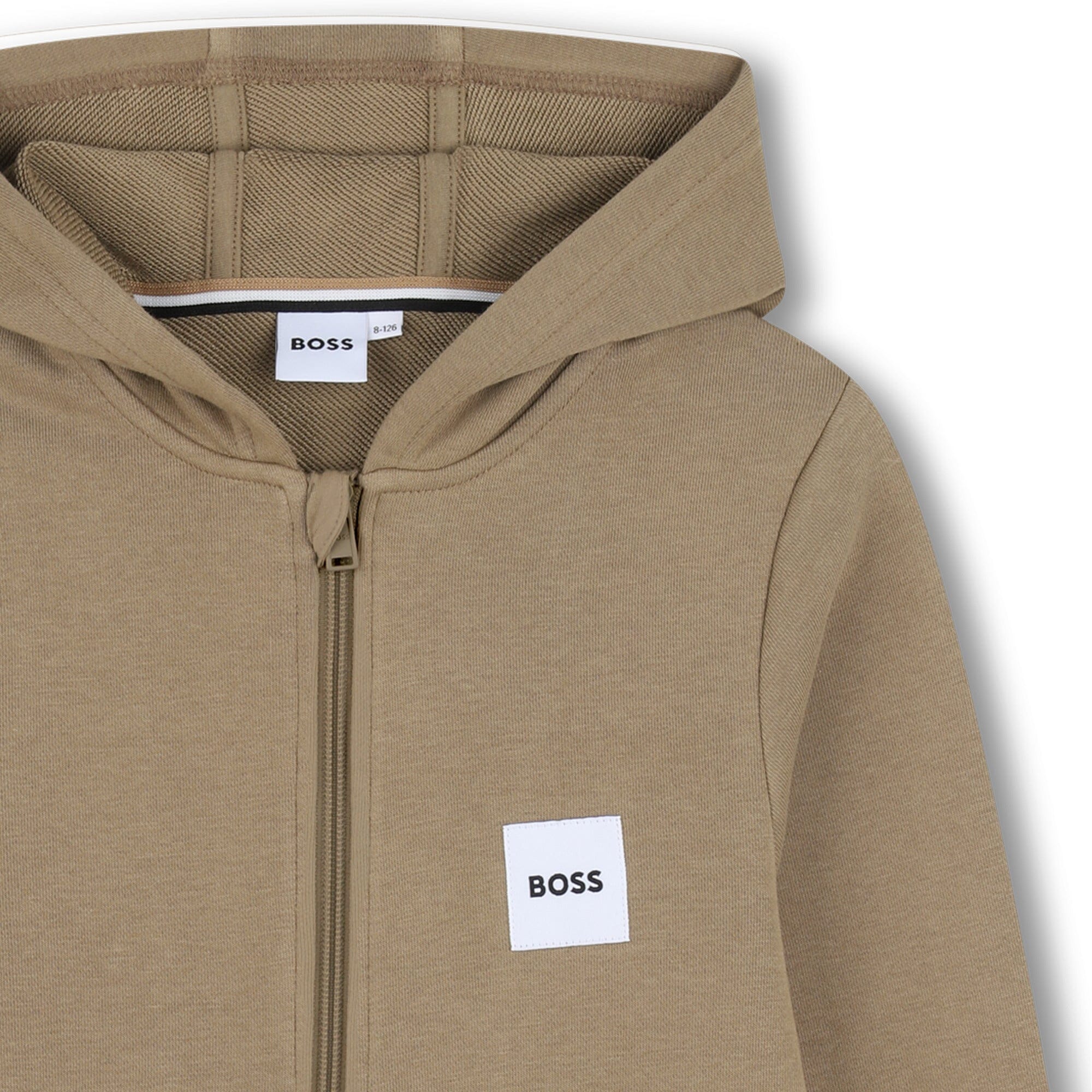 BOSS Kidswear Kapuzenpullover mit Reißverschluss „Dunkel Beige“ – Logo-Patch Hoodie BOSS
