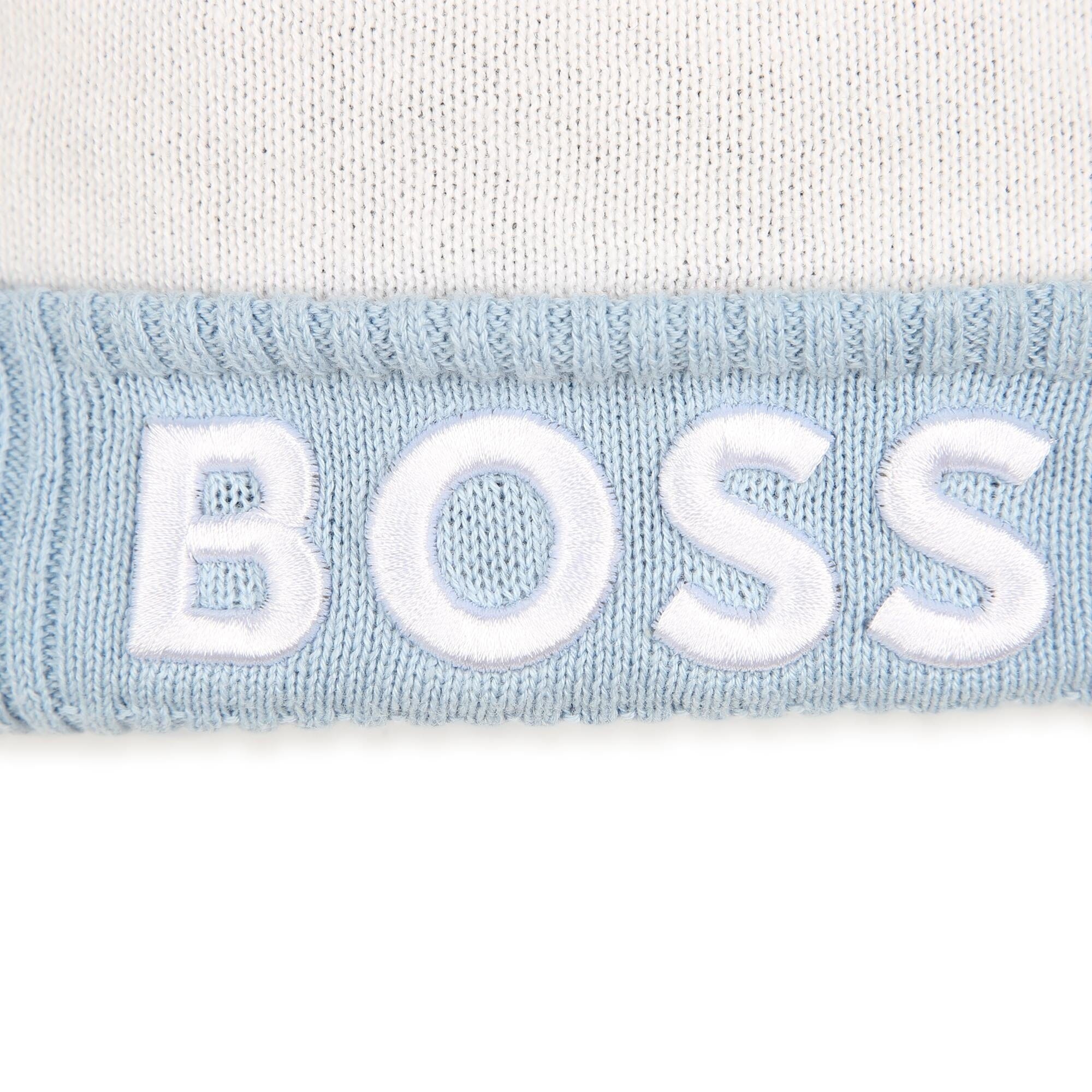 BOSS Baby warme Mütze hellblau weiß schwarz gestreift mit Logo und Bommel Quaste süß Mützen Boss