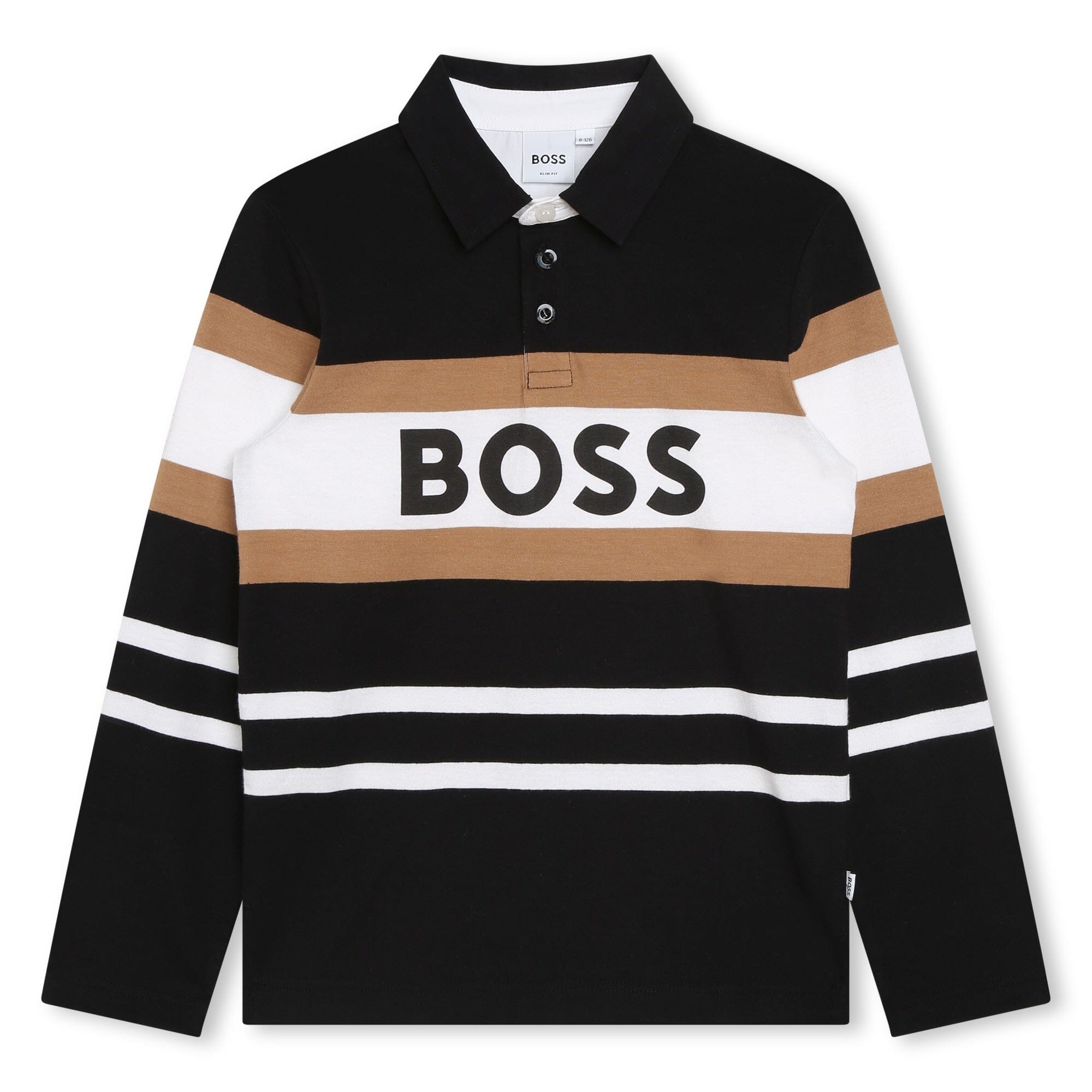 BOSS Poloshirt langärmelig schwarz mit weiß-braunem Logo Poloshirt Boss
