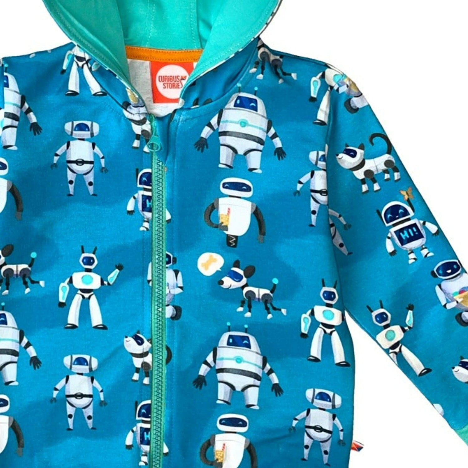 CURIOUS STORIES Hoodie Sweatjacke blau mit Roboter allover Print aus Biobaumwolle Hoodie Curious Stories