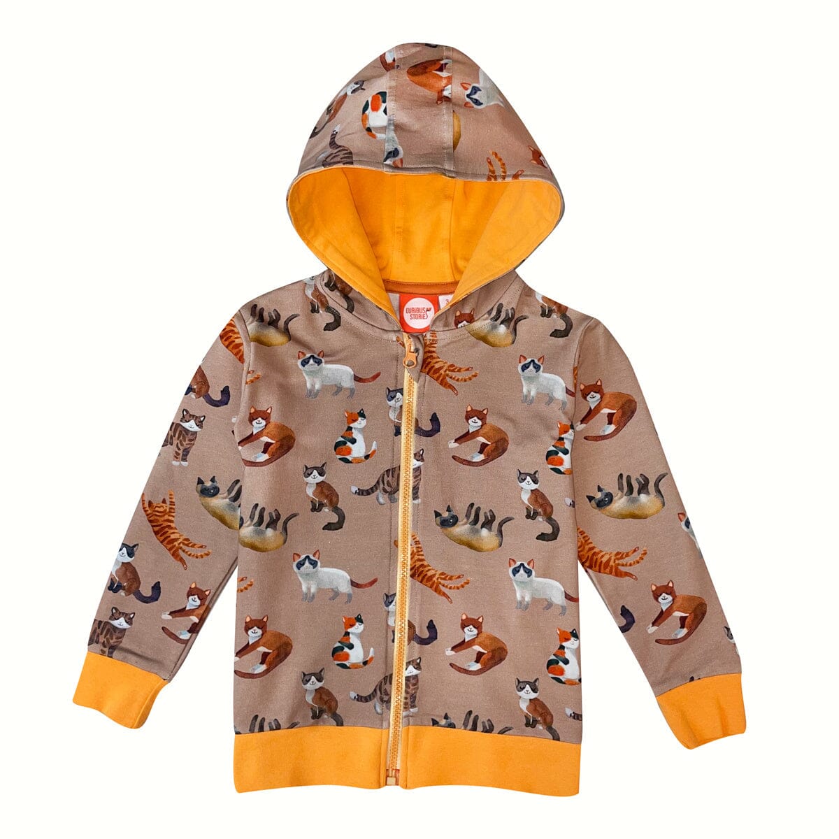 CURIOUS STORIES Hoodie Sweatjacke braun mit Katzen allover Print aus Biobaumwolle Hoodie Curious Stories