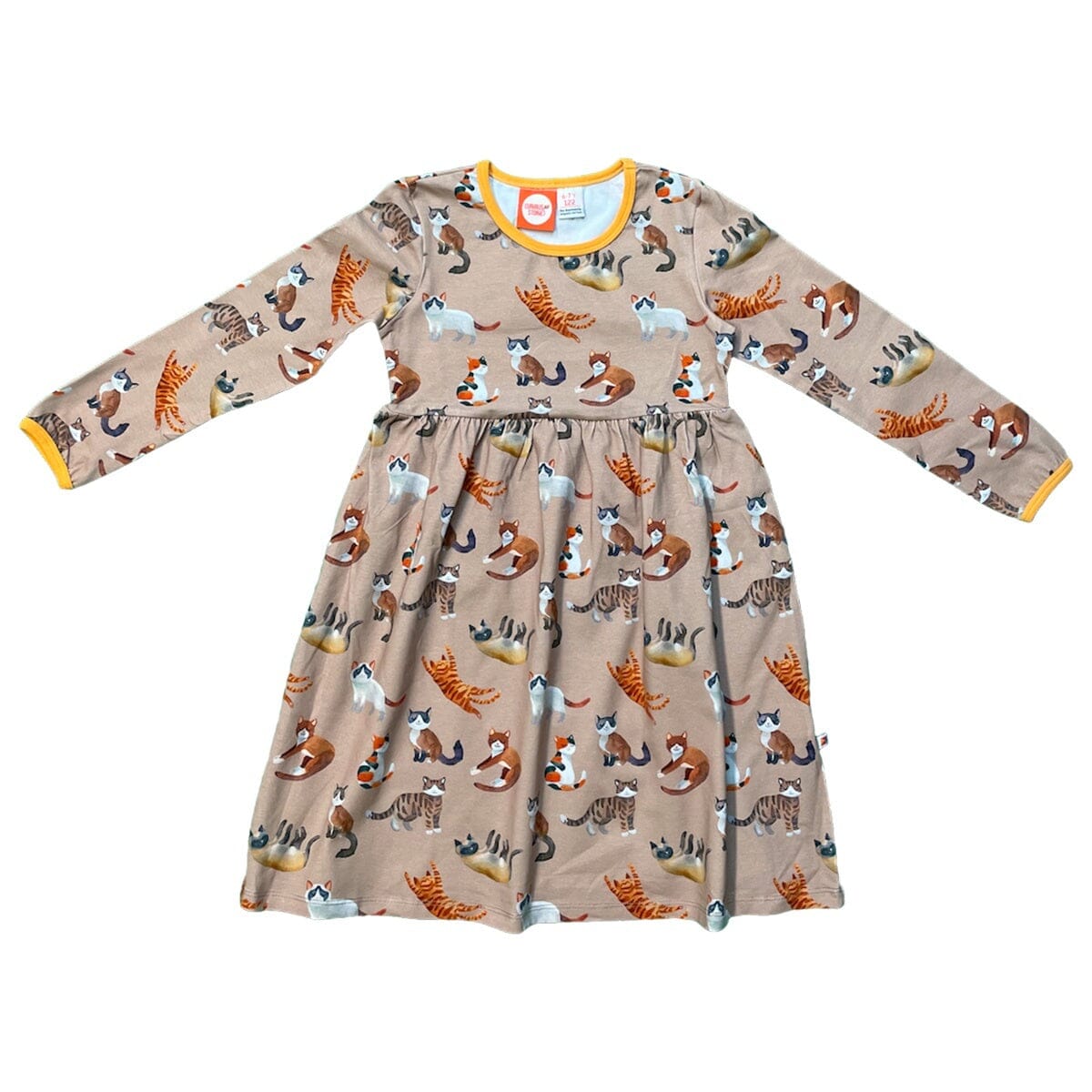 CURIOUS STORIES Kleid braun mit Katzen allover Print aus Biobaumwolle Kleid Curious Stories