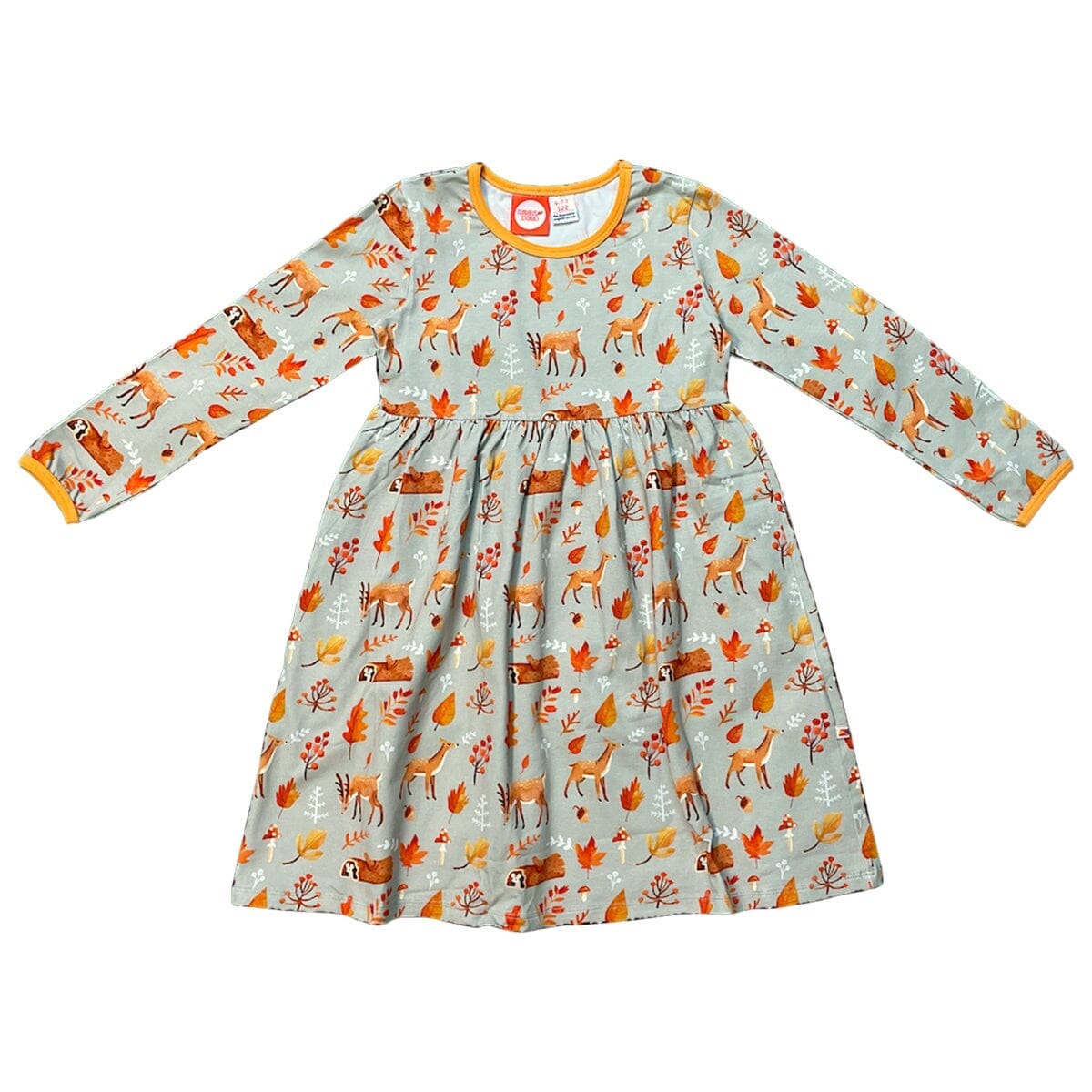 CURIOUS STORIES Kleid khaki mit Waldtieren allover Print aus Biobaumwolle Kleid Curious Stories