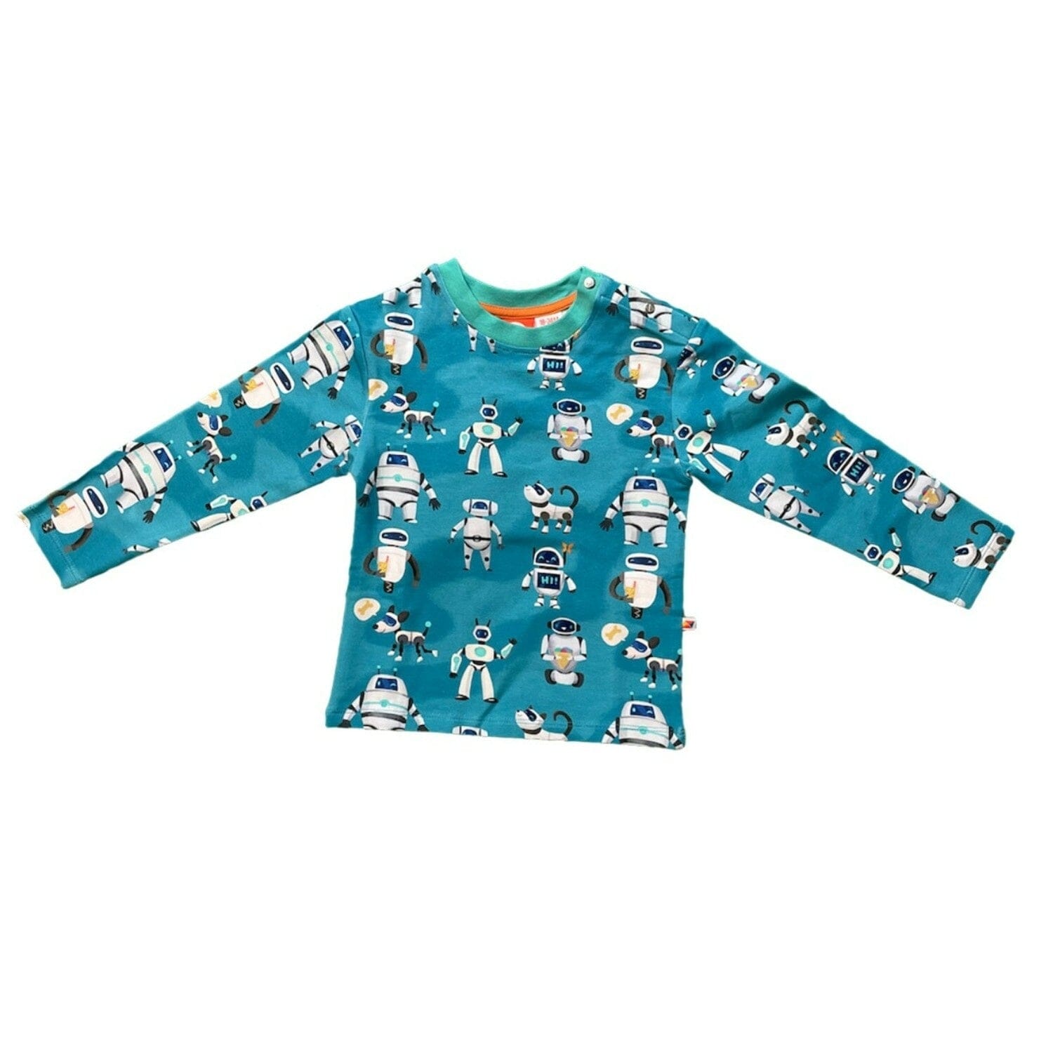 CURIOUS STORIES Langarmshirt blau mit Roboter allover Print aus Biobaumwolle Langarmshirt Curious Stories