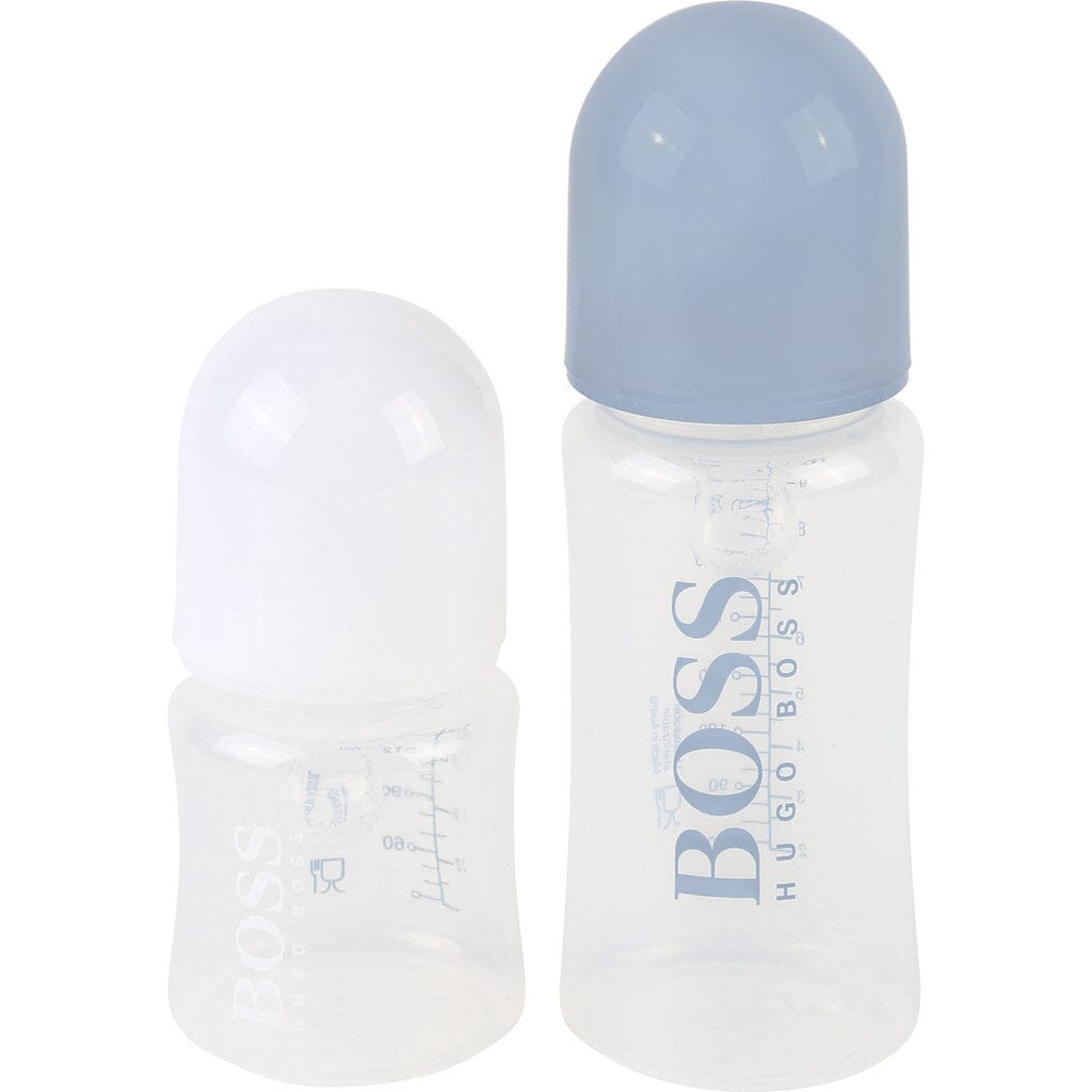 Hugo Boss Designer Baby Flaschen im 2 er Set mit Logo in hellblau und weiß tolles Geschenk Trinkflaschen Boss hellblau