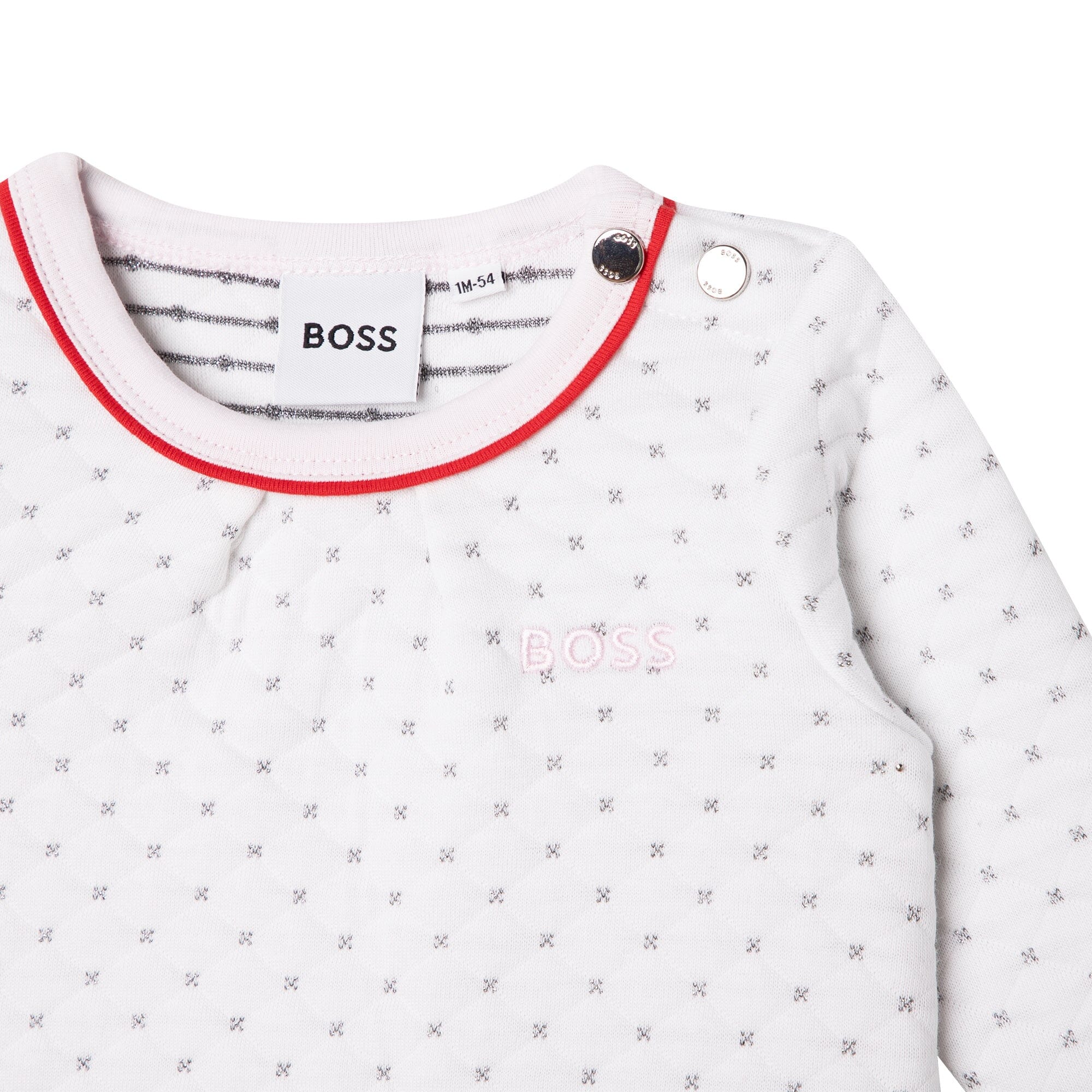 HUGO BOSS Baby Langarm Kleid weiß gesteppt mit Glitzer Logo Stickerei an der Brust Kleid Boss