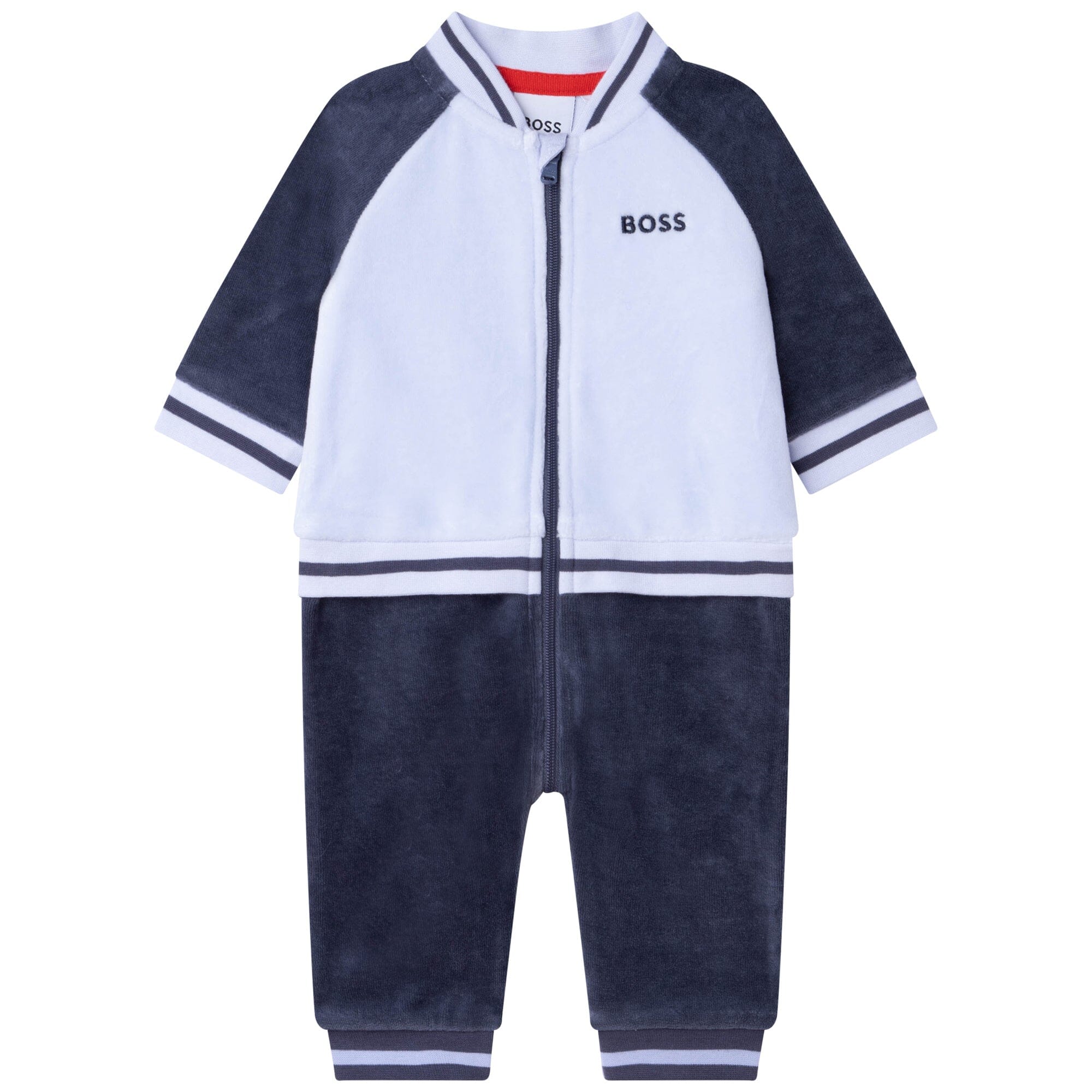 BOSS Baby samtiger Jogginganzug Overall in blau und grau mit Logo Bodysuit Boss