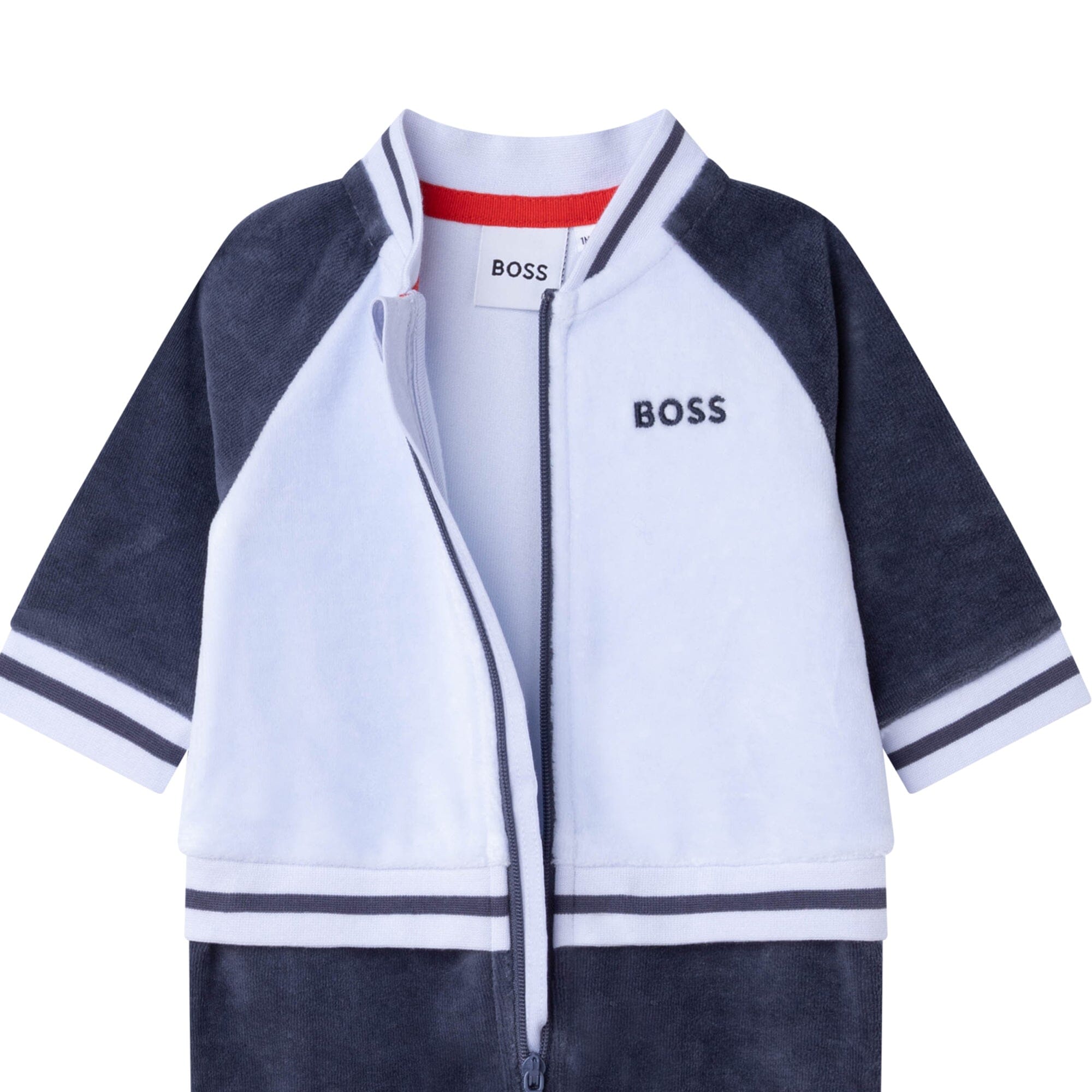 BOSS Baby samtiger Jogginganzug Overall in blau und grau mit Logo Bodysuit Boss