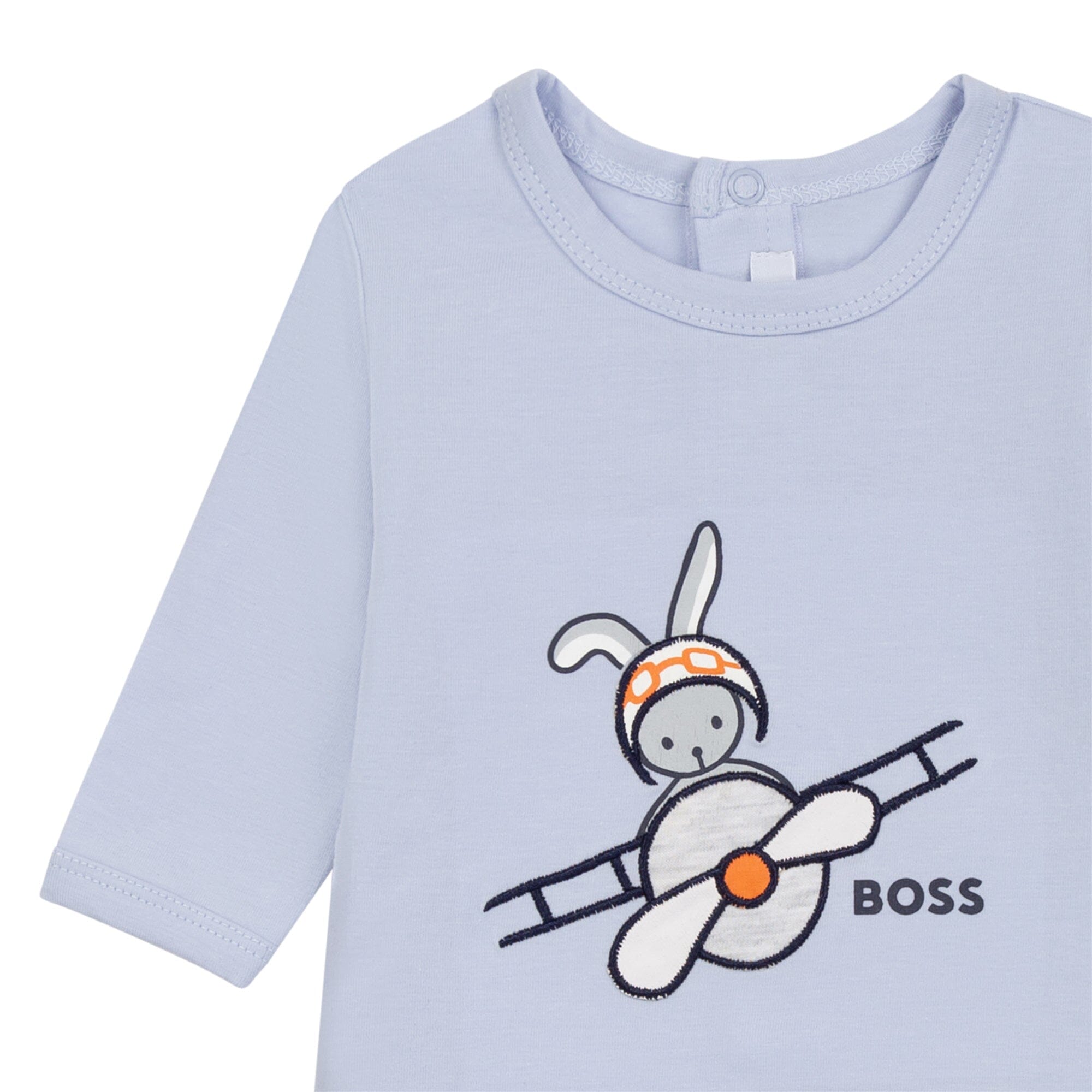 BOSS Baby Strampler hellblau mit Hasenapplikation und Logo Strampler Boss