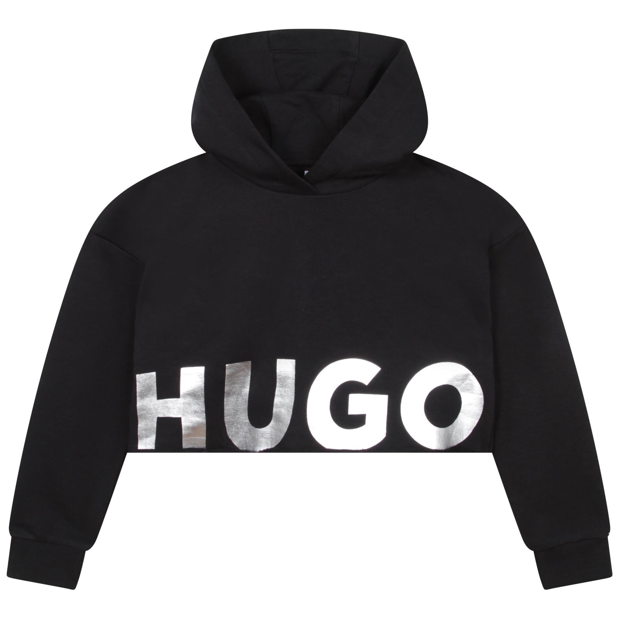 HUGO Kids Kapuzenpullover schwarz mit silber Schriftzug gecropt Hoodie HUGO