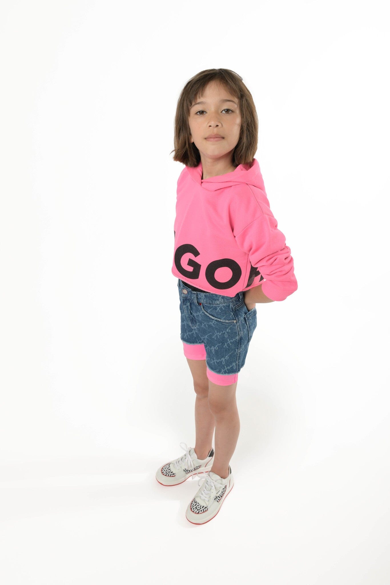 HUGO kurze Mädels Jeans Short mit Fransen Shorts HUGO