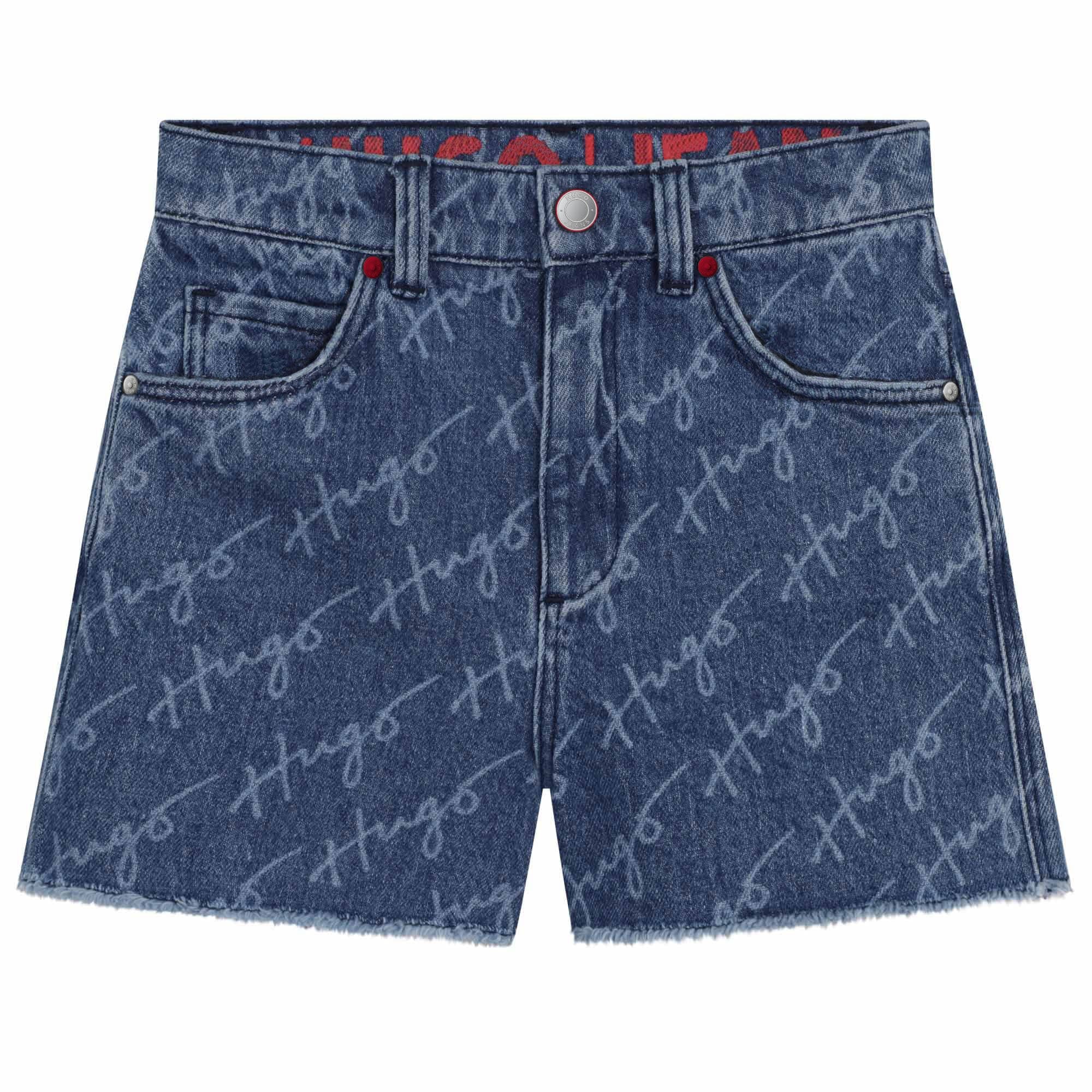 HUGO kurze Mädels Jeans Short mit Fransen Shorts HUGO