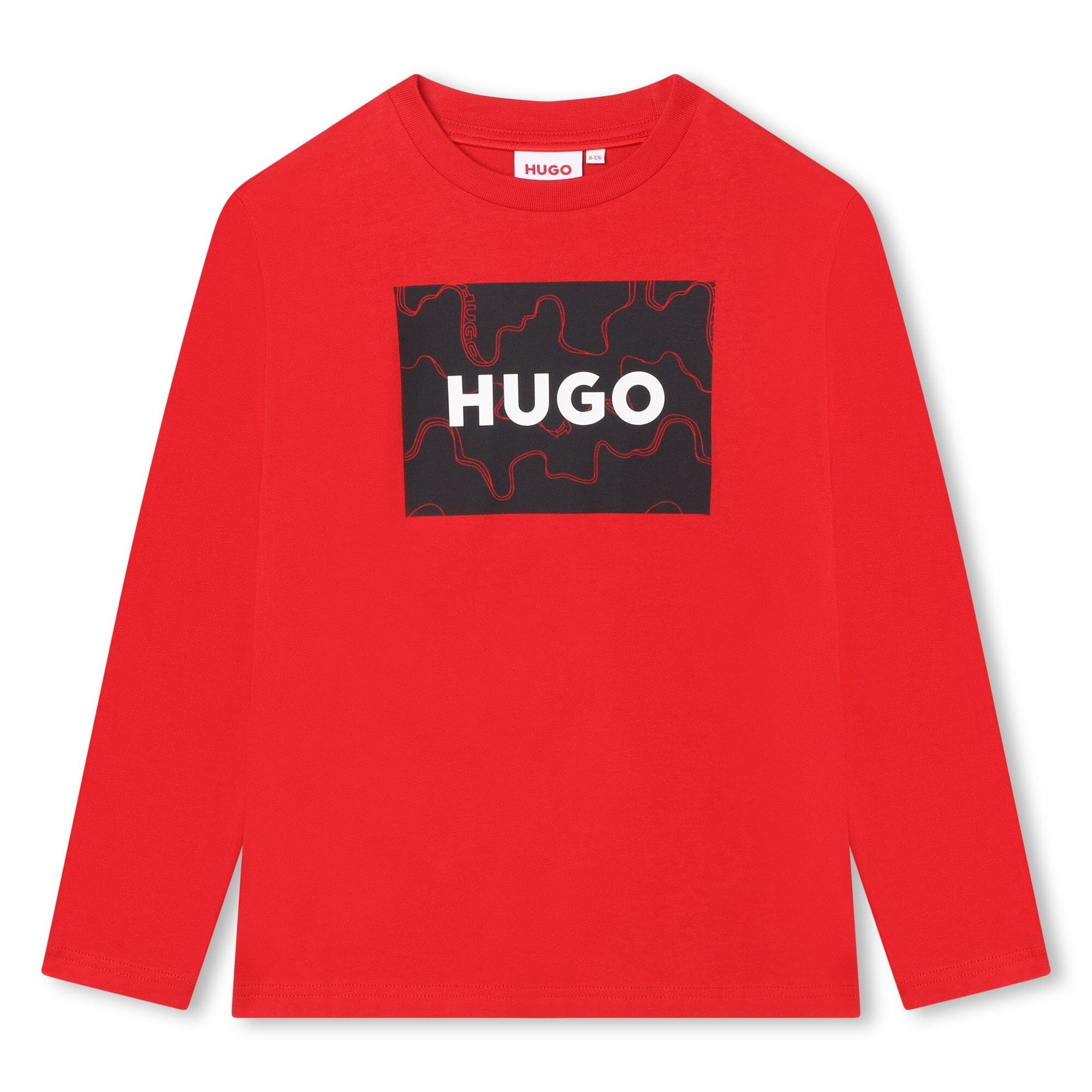 HUGO Kinder Langarmshirt rot mit schwarzem strukturiertem Logo Langarmshirt HUGO