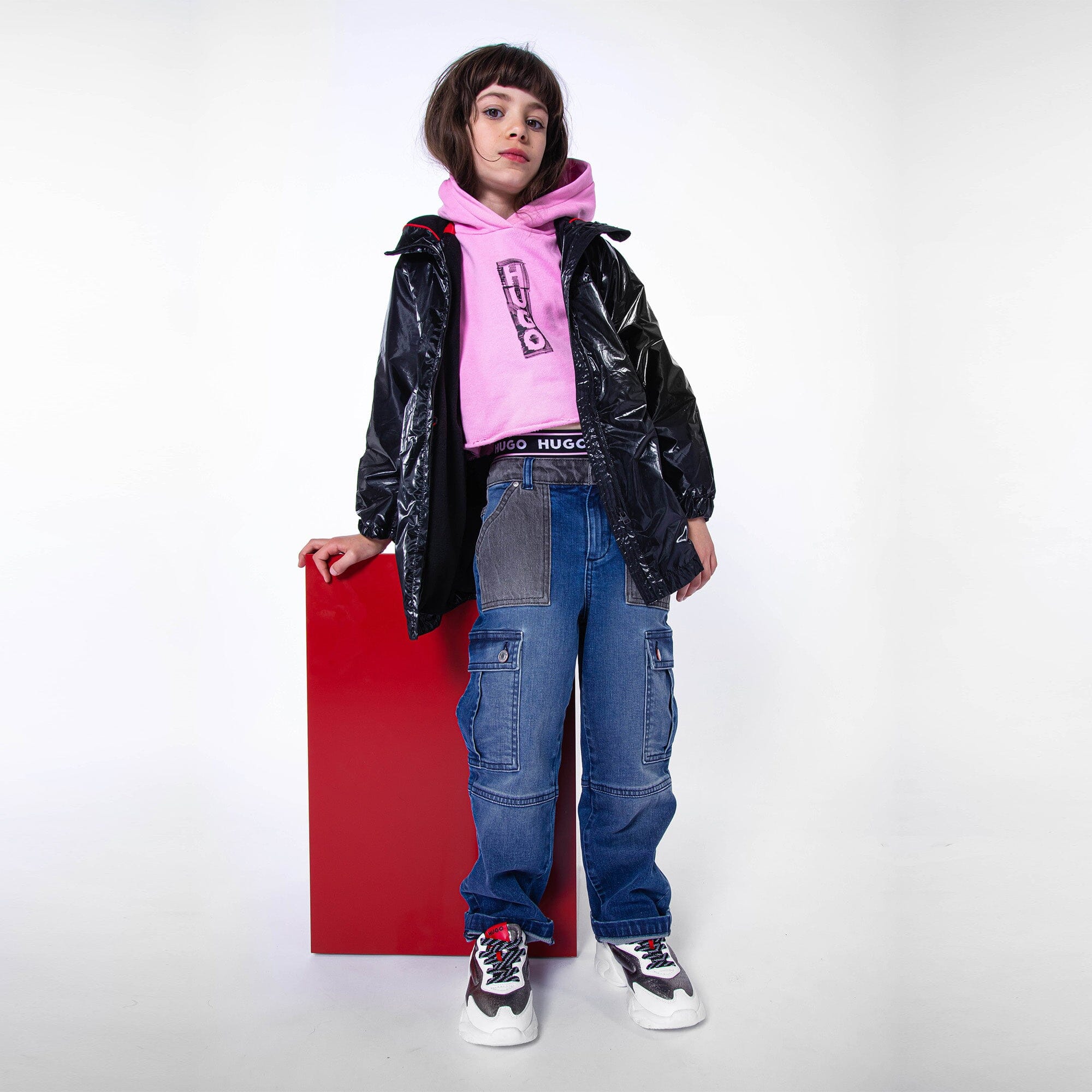 HUGO Kids Kapuzenpullover rosa mit schwarzem Logo Hoodie HUGO