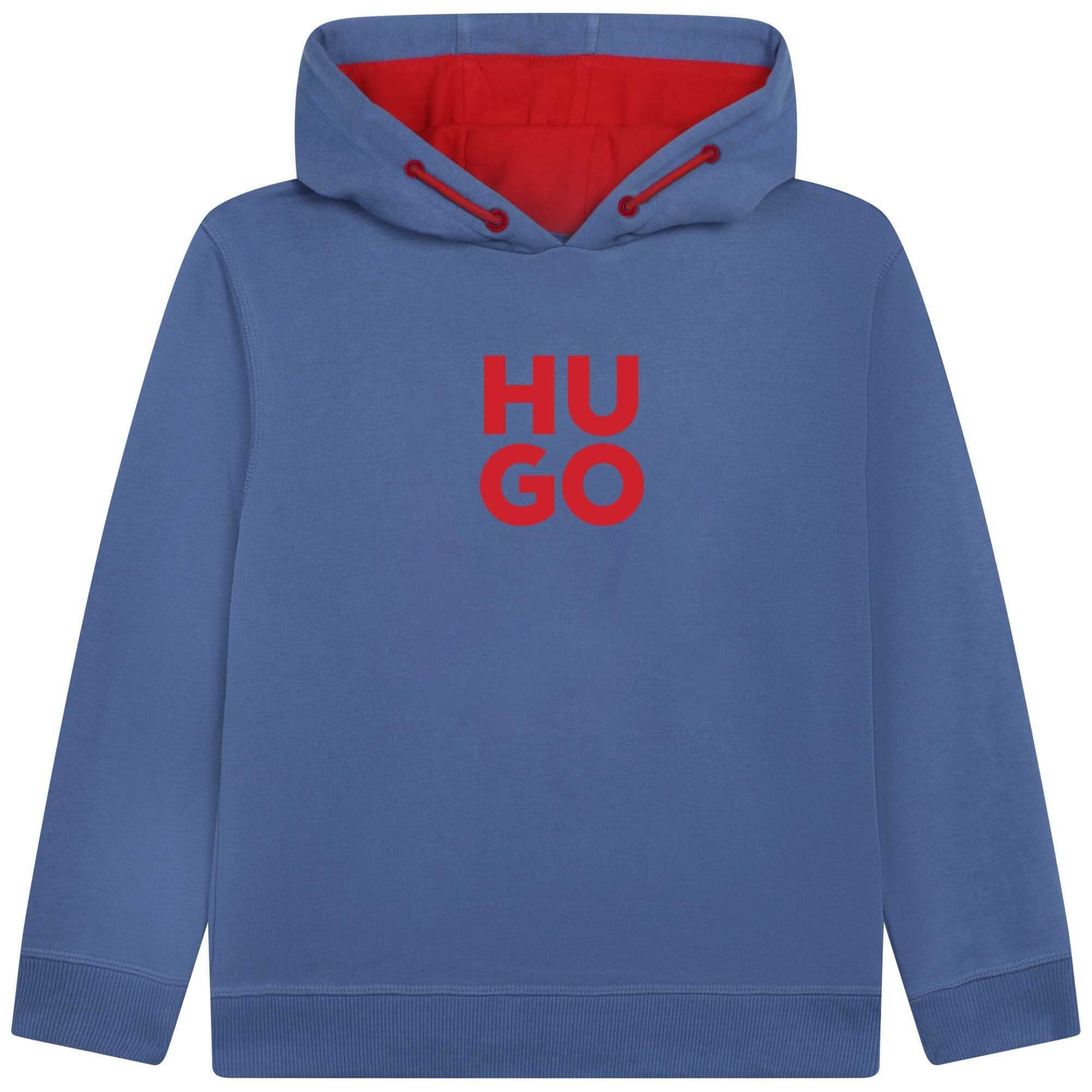 HUGO Kids Kapuzenpullover blau mit rotem Innenleben und Logo Hoodie HUGO