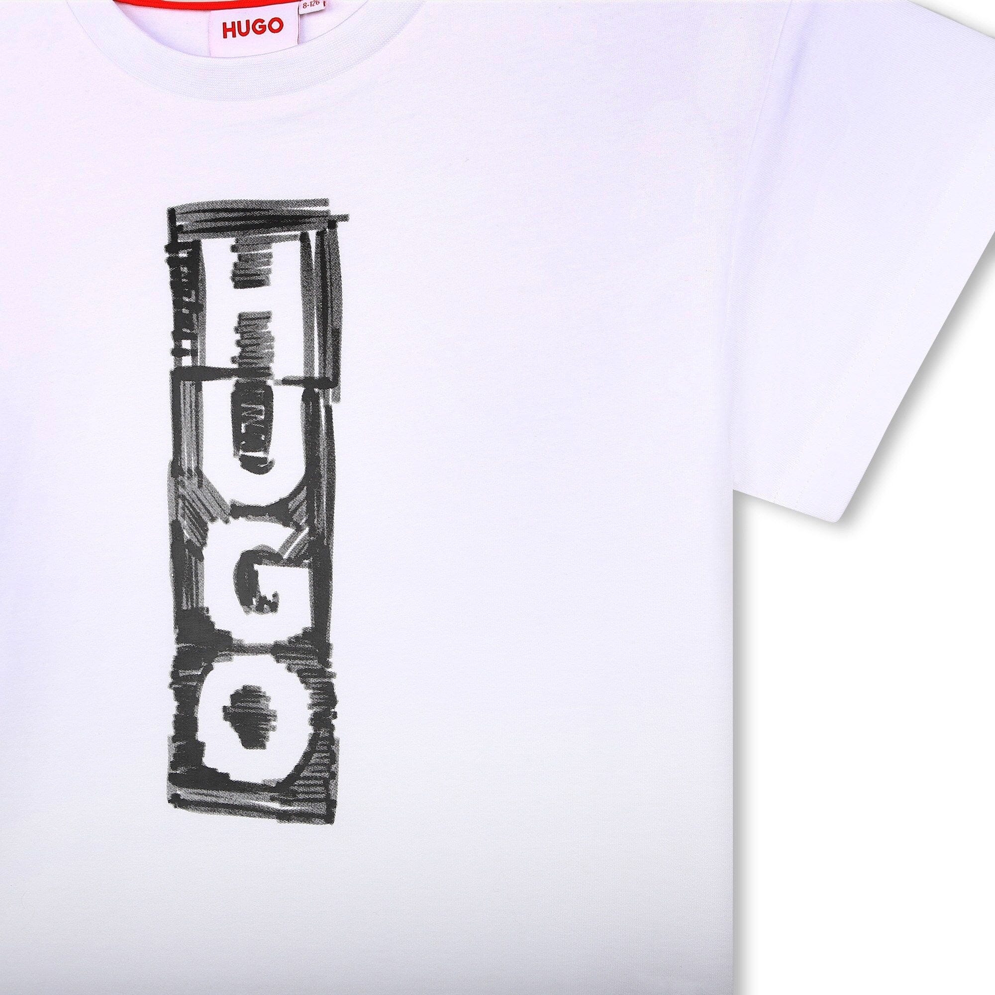 HUGO Kinder kurzarm T-Shirt in weiß mit Logo Druck aus Biobaumwolle T-Shirt HUGO
