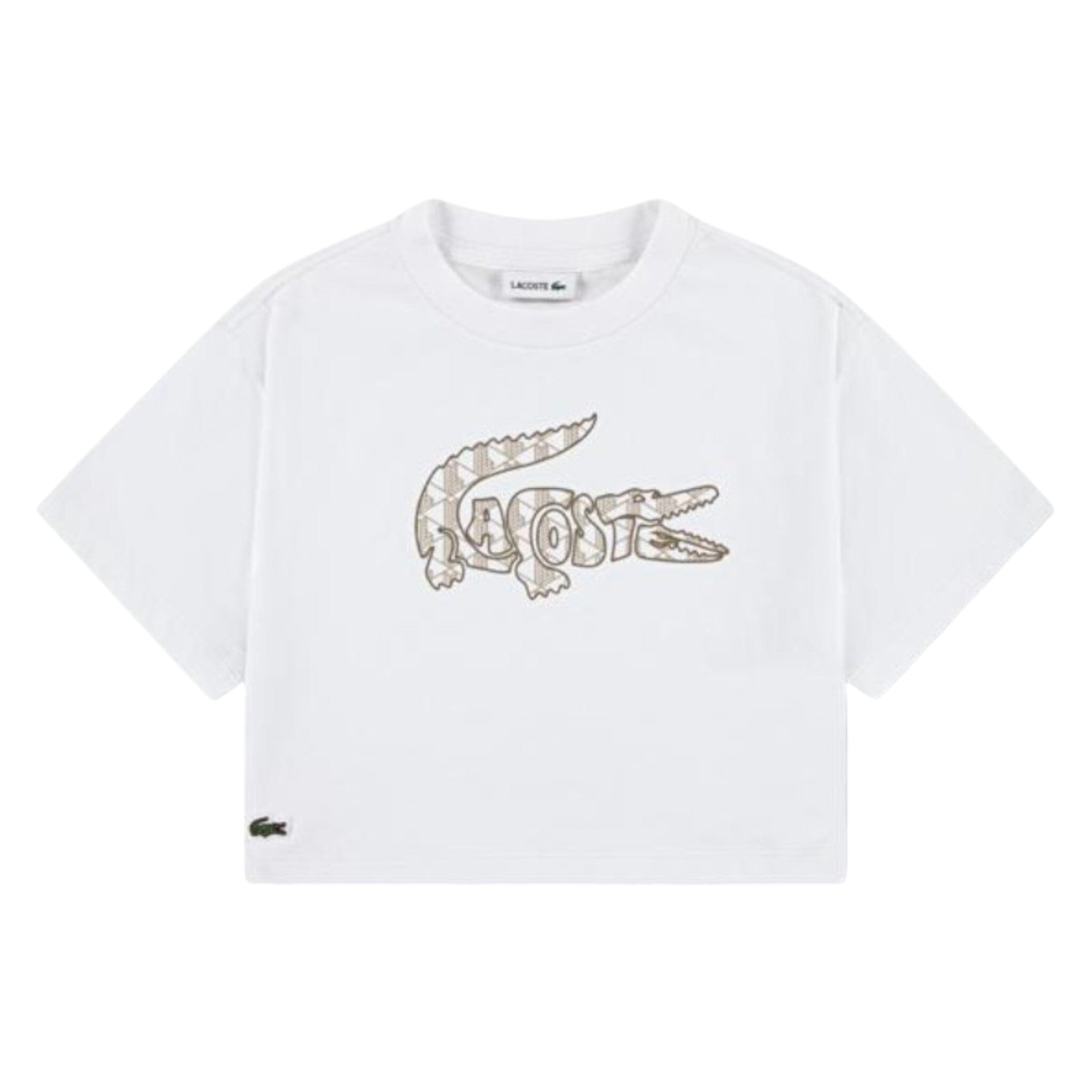 Lacoste Mädchen-T-Shirt mit großem Monogramm-Krokodil weiß beige – LIONNE T-Shirt Lacoste 8 Jahre ( 122-128)