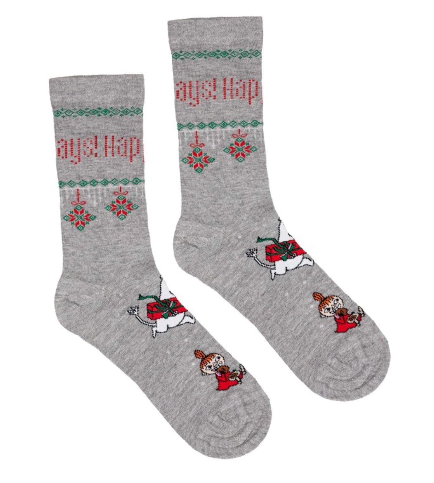 Martinex Weihnachtssocken Happy Holidays grau mit weihnachtlichem Print in rot grün und weiß Socken Moomin by Martinex
