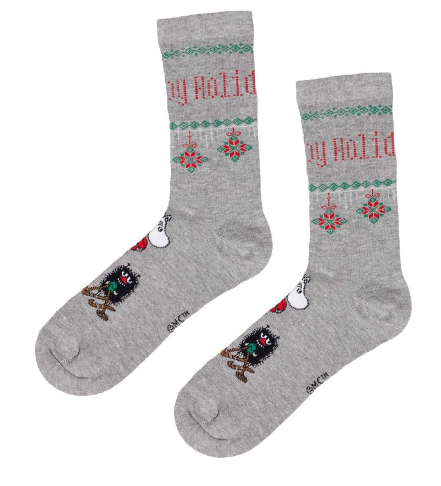Martinex Weihnachtssocken Happy Holidays grau mit weihnachtlichem Print in rot grün und weiß Socken Moomin by Martinex