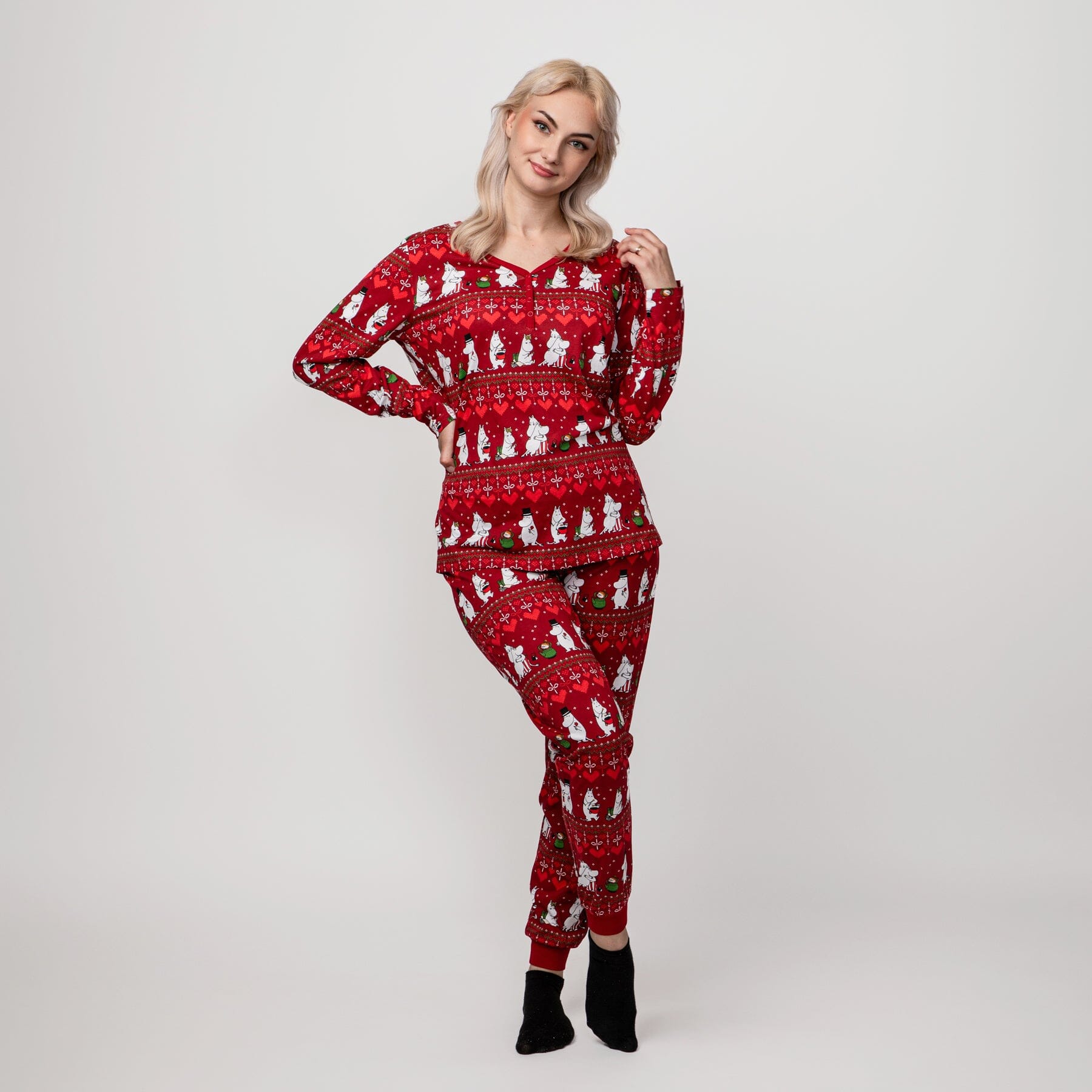 MOOMIN Damen Pyjama „Winter Heart“ Dunkelrot – © Moomin Characters Schlafanzug Moomin by Martinex