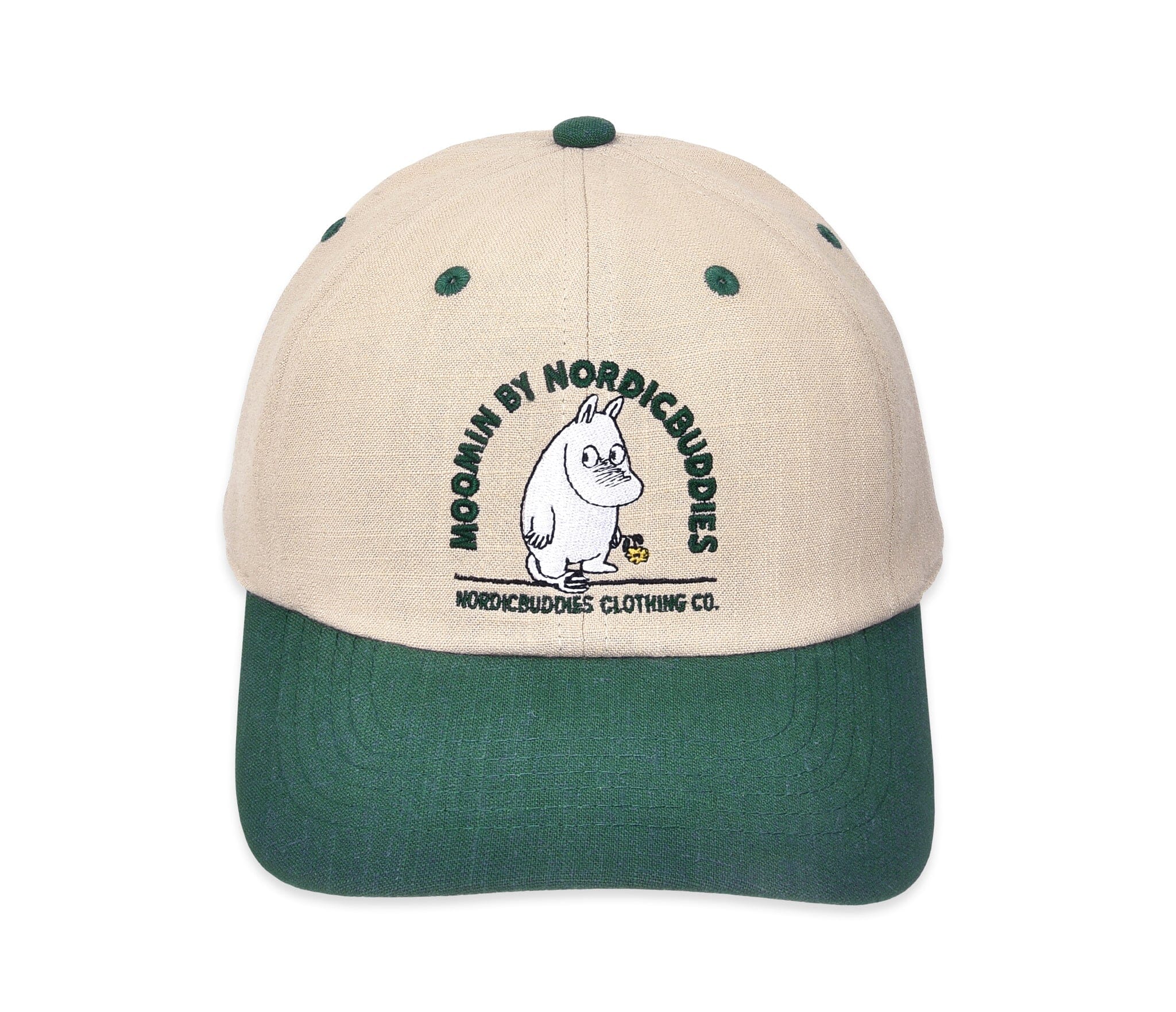 Nordicbuddies - Moomin Baseballcap dunkelgrün beige Mumintroll unisex Blume Stickerei Cap Nordic Buddies