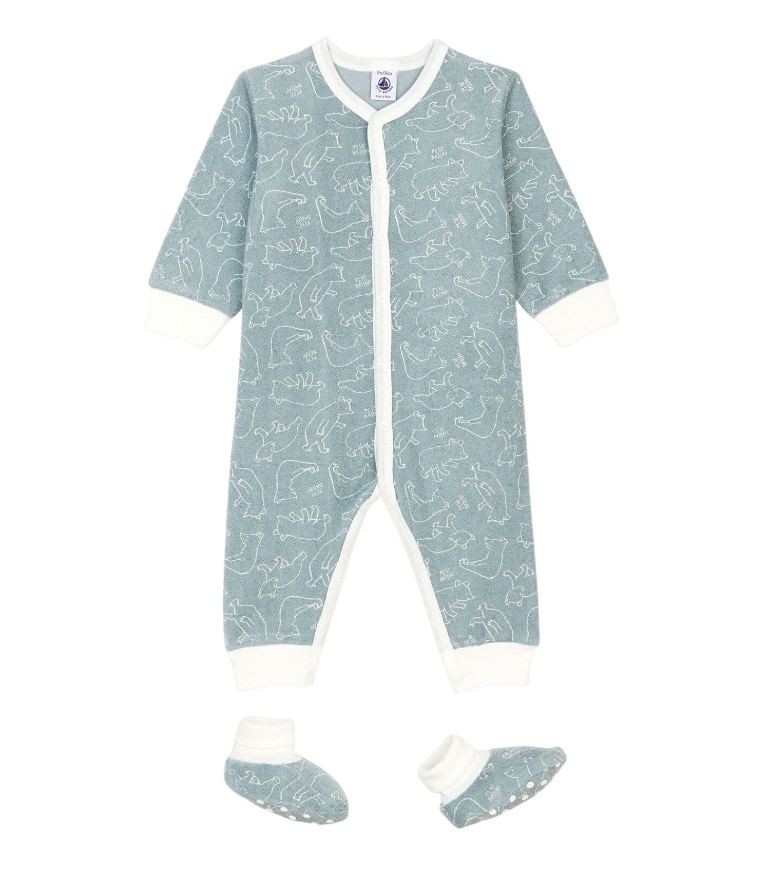 Petit Bateau Anzug mit Schühchen Frottee blaugrau allover Bären Baby Kombinationen Petit Bateau