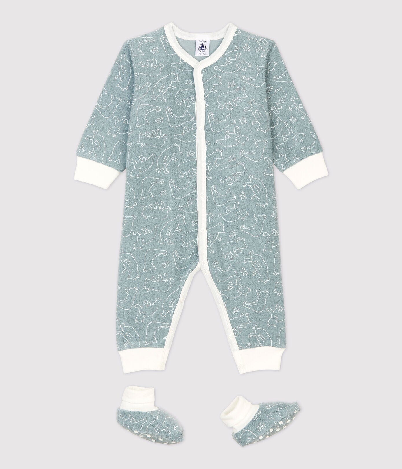 Petit Bateau Anzug mit Schühchen Frottee blaugrau allover Bären Baby Kombinationen Petit Bateau