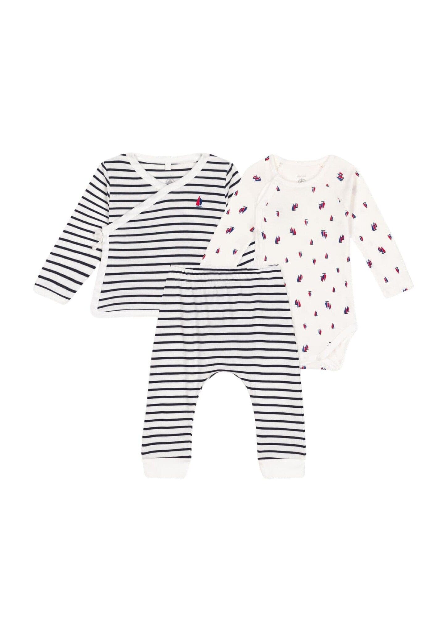 Petit Bateau Kombination 3 Teile mit dunkelblauen Streifen und Schiffsmotiv Cardigan, Hose und Body Baby Kombination Petit Bateau