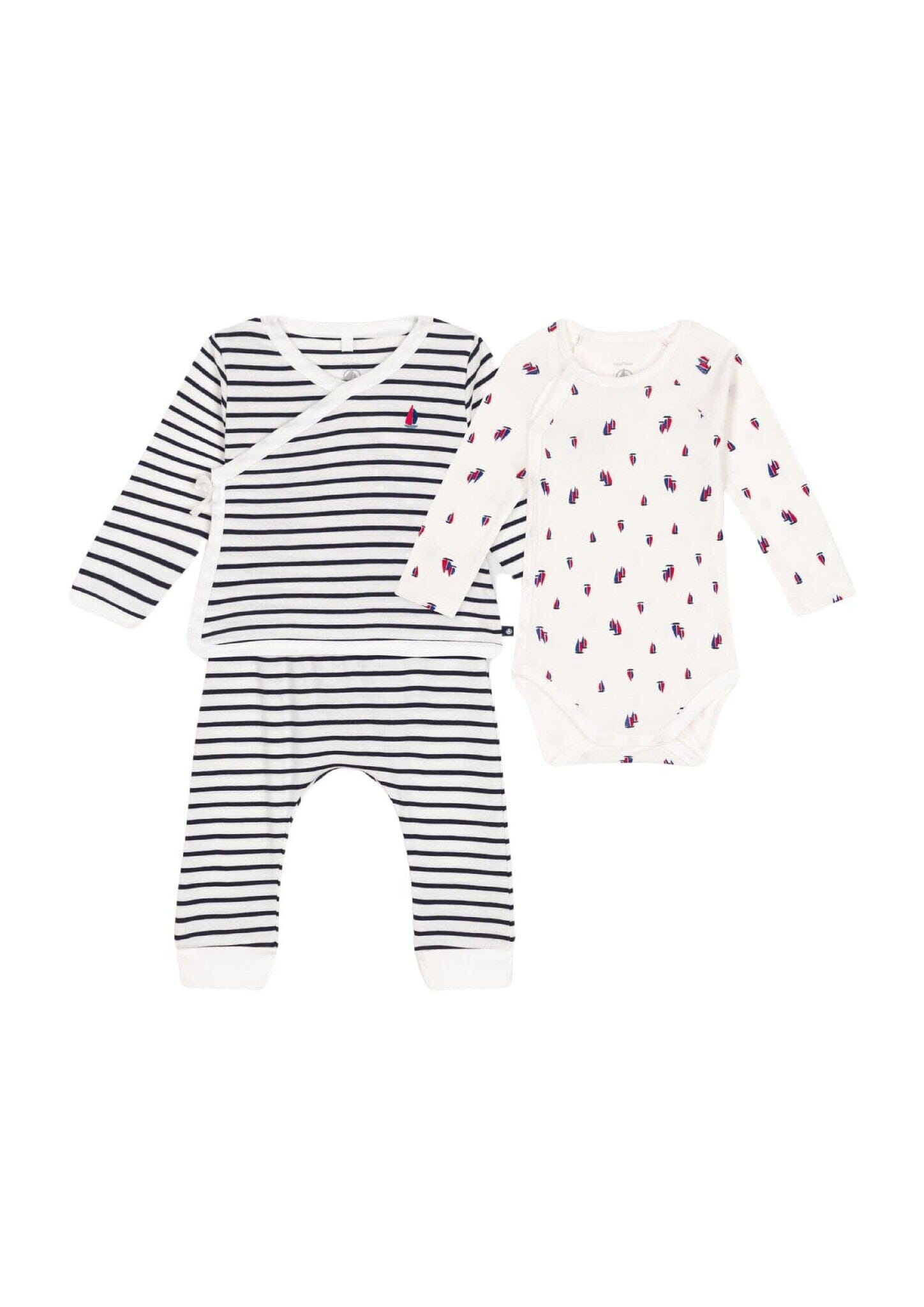 Petit Bateau Kombination 3 Teile mit dunkelblauen Streifen und Schiffsmotiv Cardigan, Hose und Body Baby Kombination Petit Bateau