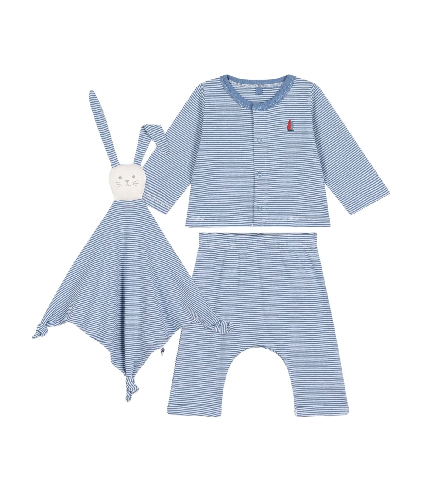 Petit Bateau Kombination 3 Teile blau-weiß gestreift Cardigan, Hose und Kuscheltier aus Rippstrick Baby Kombination Petit Bateau